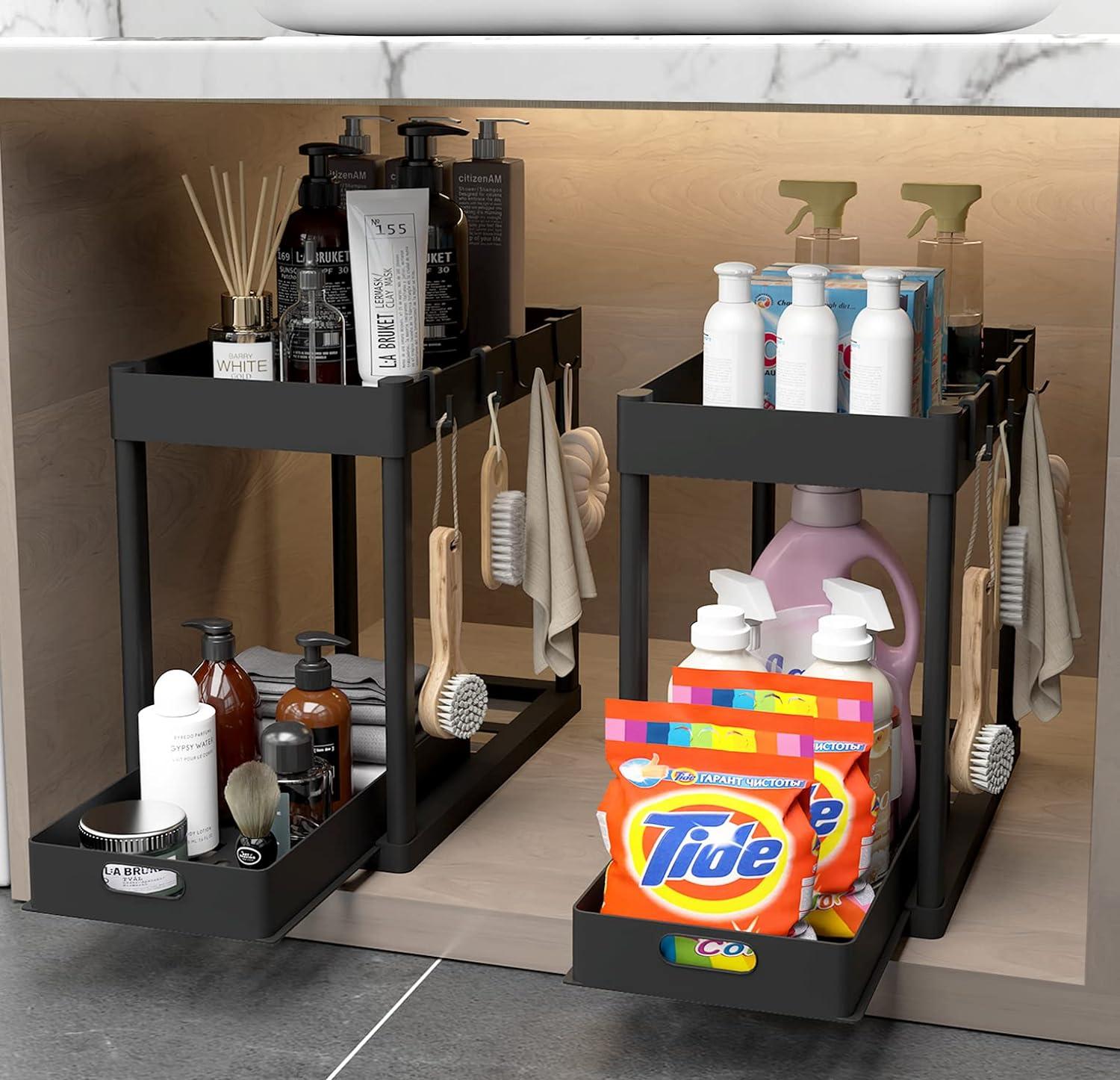 Black 2-Tier Under Sink Organizer Rack with Sliding Drawers and Hooks