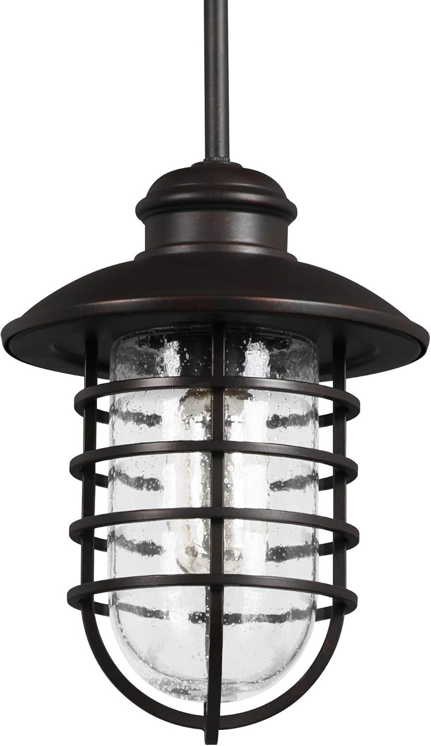 Design House 588996-BRZ Stevenson Rustic Industrial 1-Light Indoor Dimmable Pendant with Clear Seedy Glass and Metal Wire Shade for Kitchen island barBedroom, Bronze