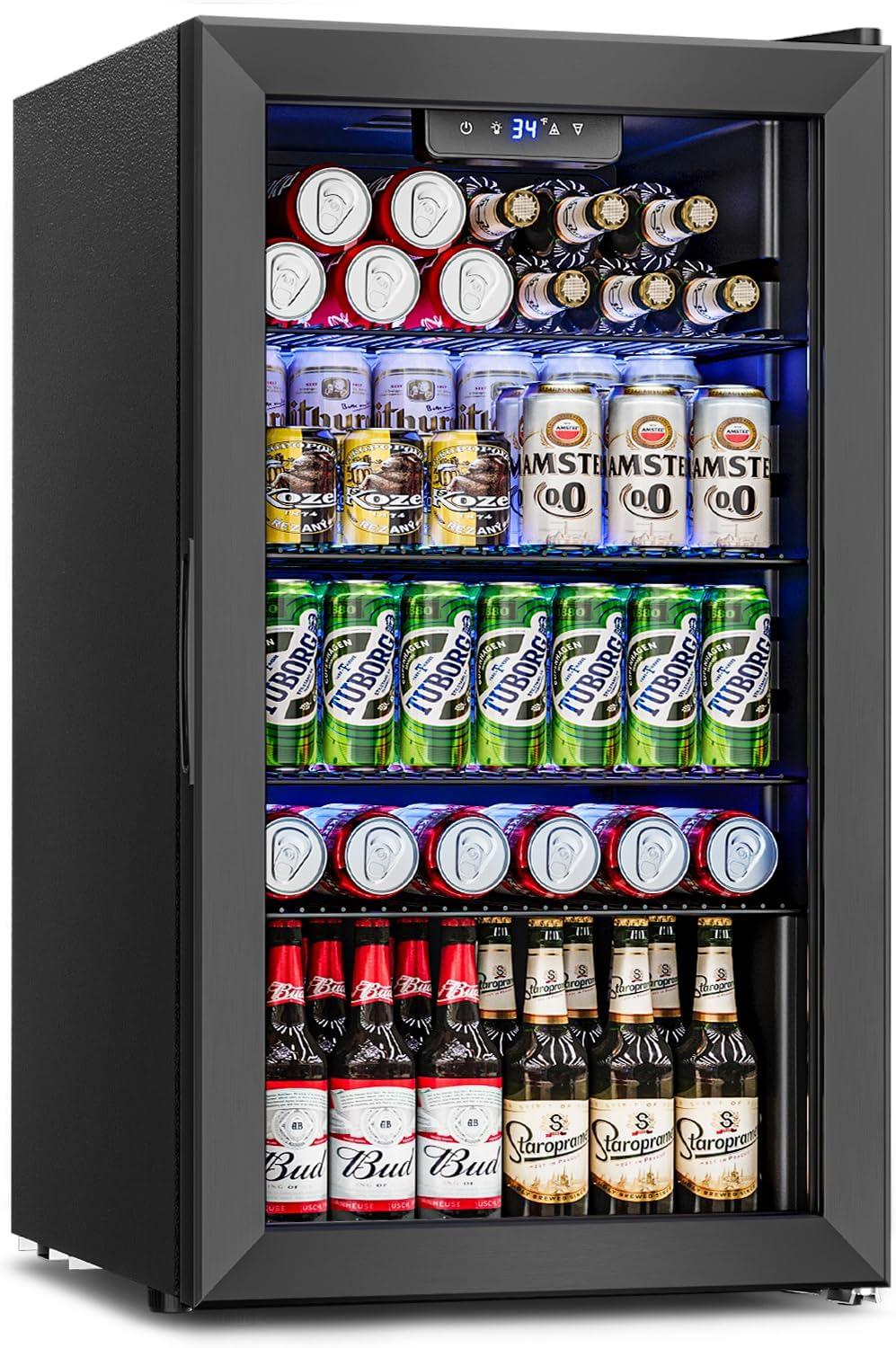 Ivation 126 Can Beverage Refrigerator, Freestanding Mini Fridge with Glass Door - Black
