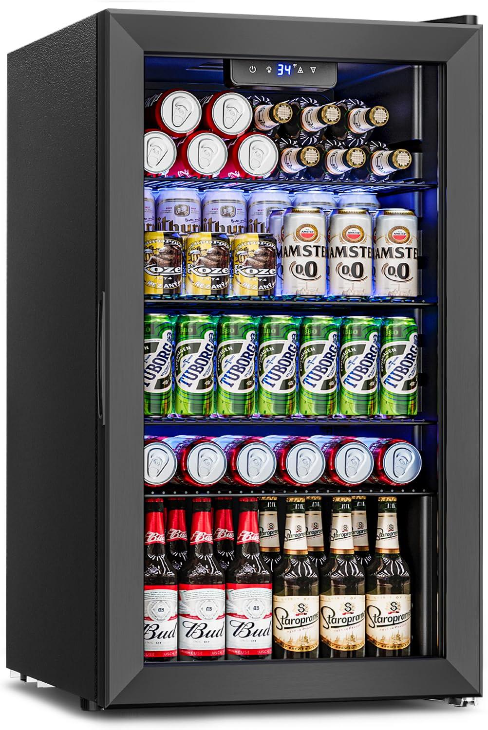 Ivation 126 Can Beverage Refrigerator, Freestanding Mini Fridge with Glass Door - Black