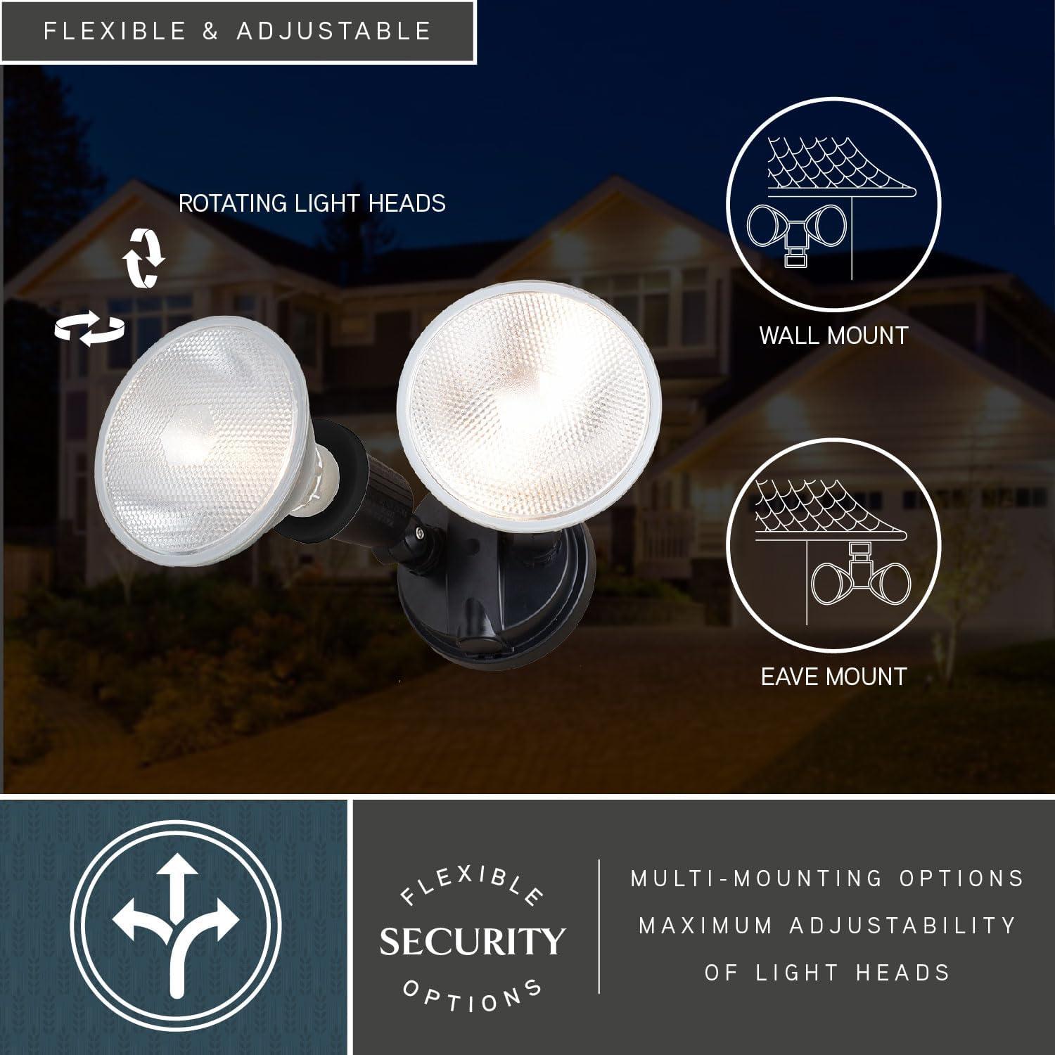 Black 2 Light Outdoor Security Flood Light with Adjustable Heads - Switch Controlled