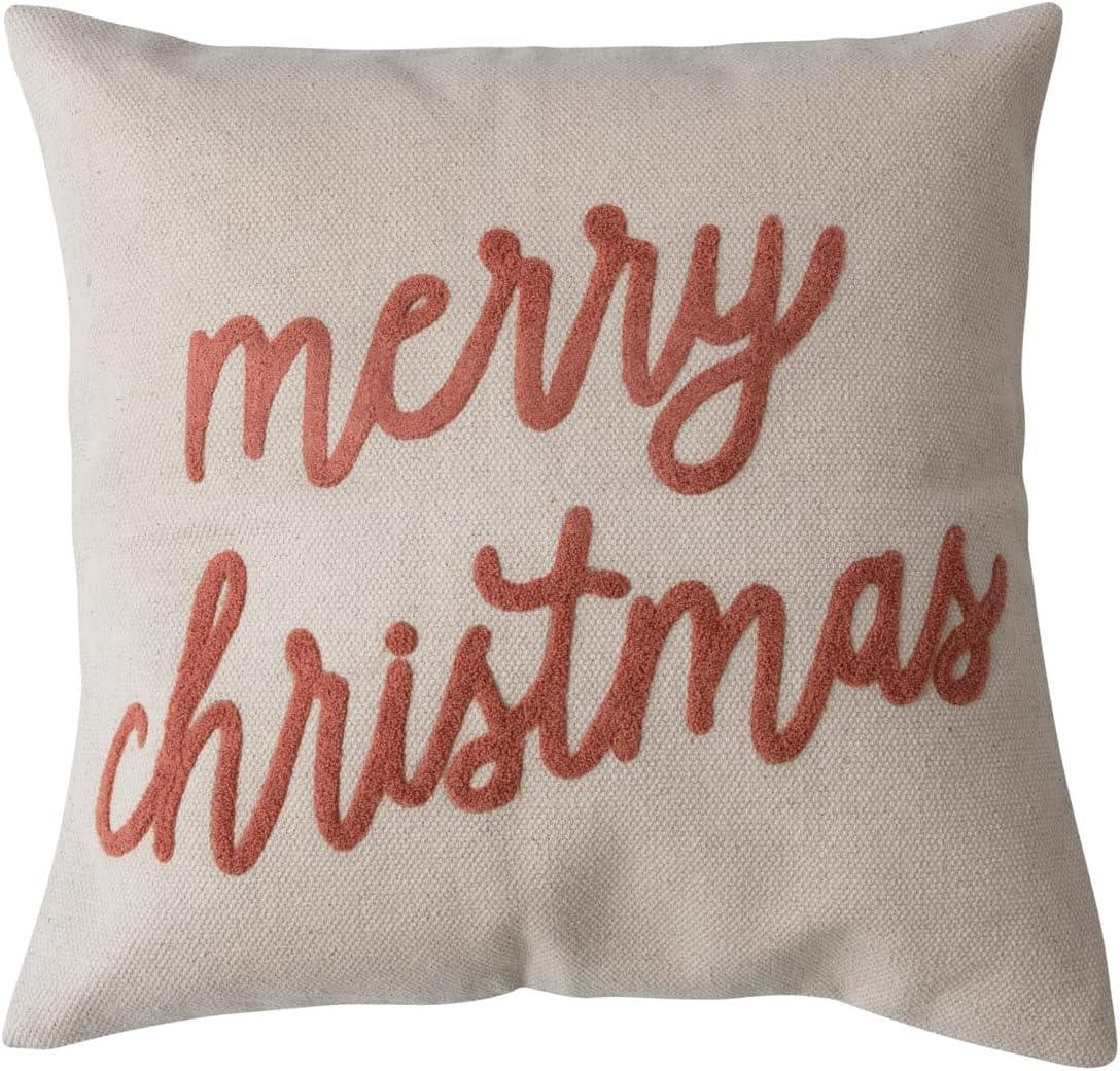 Cream and Sienna Embroidered Merry Christmas Square Cotton Pillow