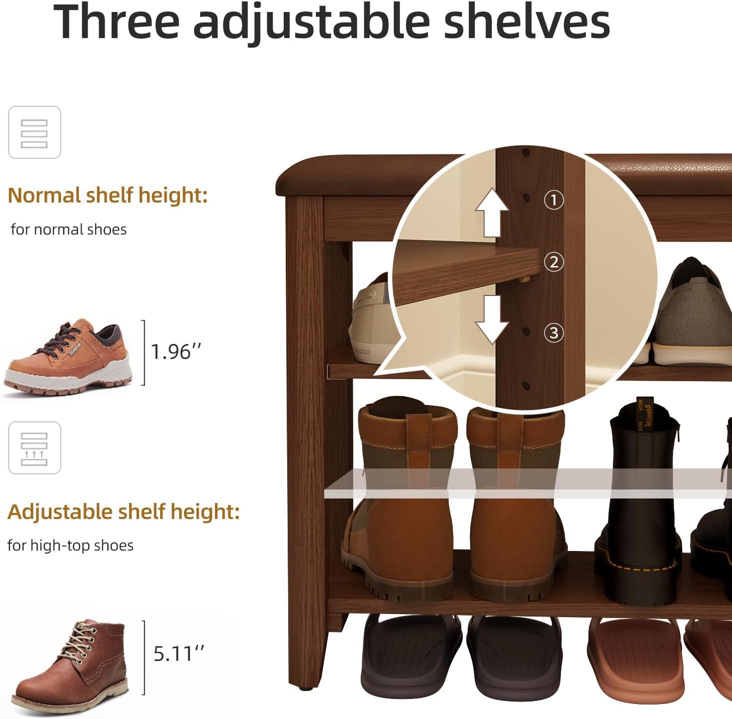 Shoe Bench with Leather Cushion, 3 Tiers Shoe Storage Bench, Walnut Wood Entryway Bench