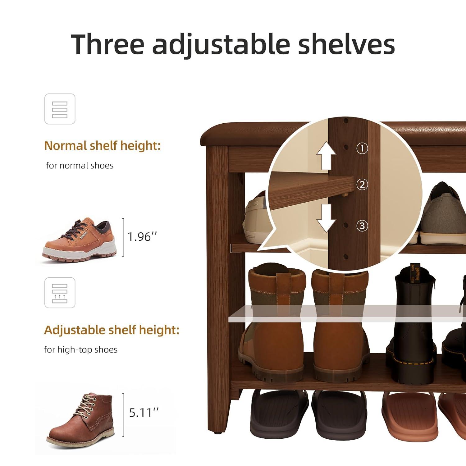 Shoe Bench with Leather Cushion, 3 Tiers Shoe Storage Bench, Walnut Wood Entryway Bench