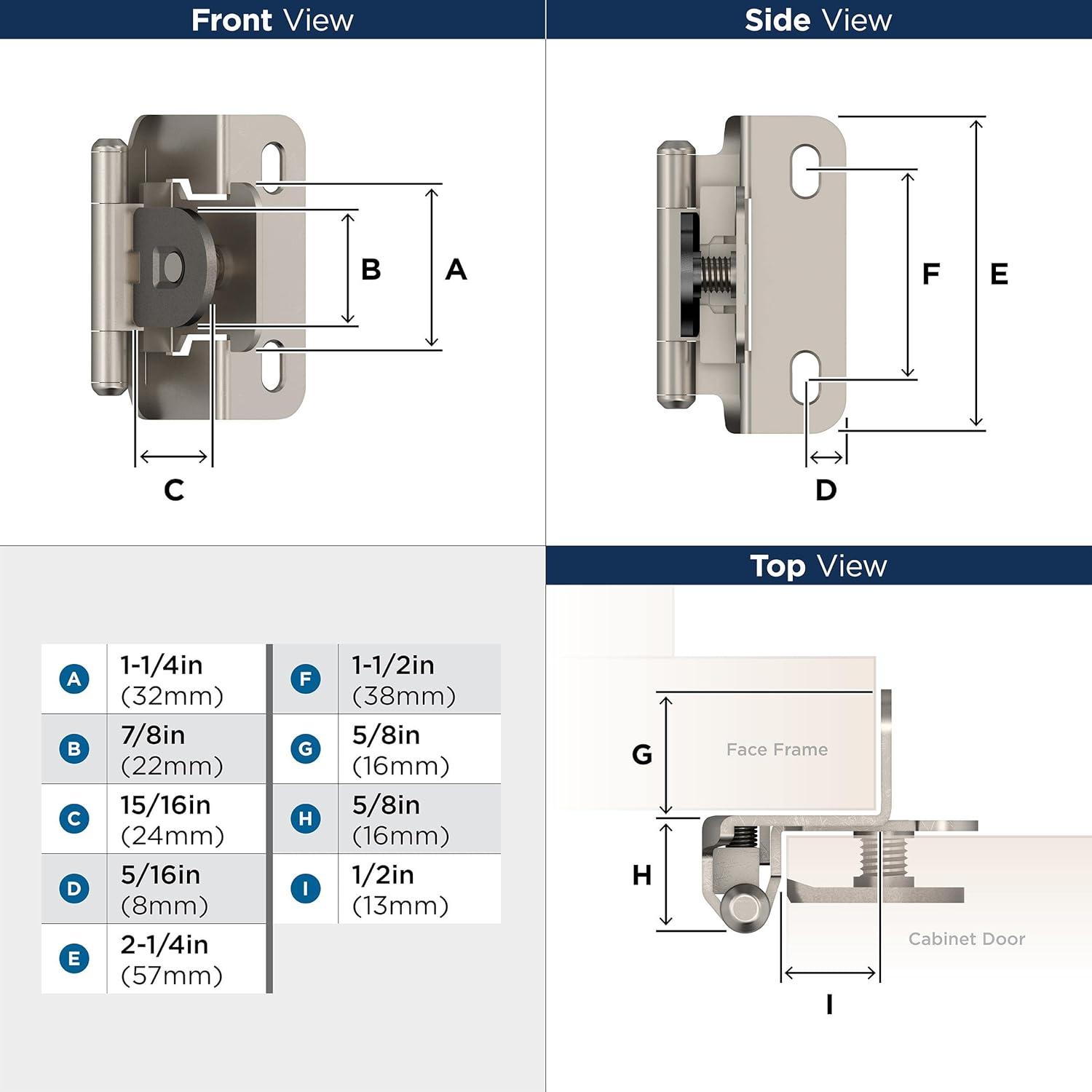 Amerock | Single Demountable Cabinet Hinge | 1/2 inch (12.7 mm) Overlay Hinge | Satin Nickel | 2 Count (pack of 1) | Self-Closing Hinge | Cabinet Door Hinge