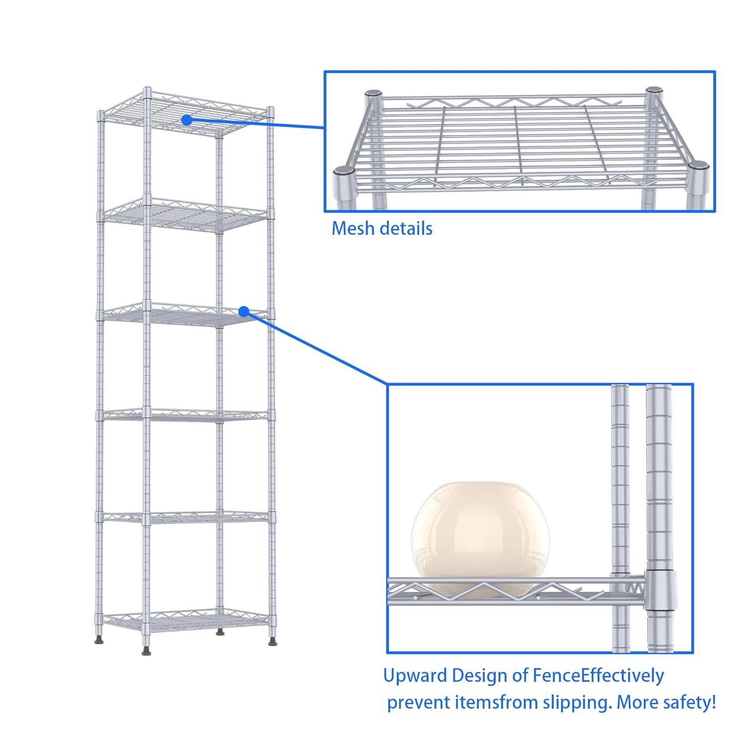REGILLER 6 Wire Shelving Steel Storage Rack Adjustable Unit Shelves for Laundry Bathroom Kitchen Pantry Closet(Silver, 11.7" D x 16.8" W x 63" H)