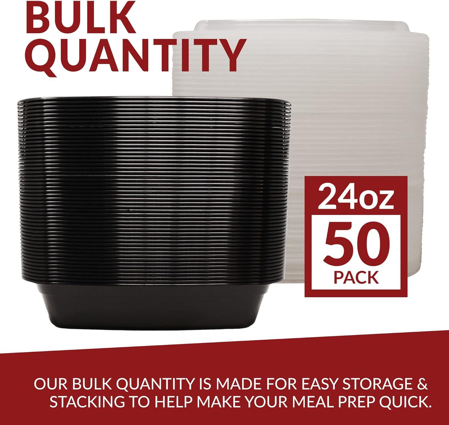 Reli. Meal Prep Containers 24 oz. | 50 Pack | 1 Compartment Food Container w/Lids | Microwavable Food Storage, To Go | Black Reusable Bento Box/Lunch Box for Meal Prep