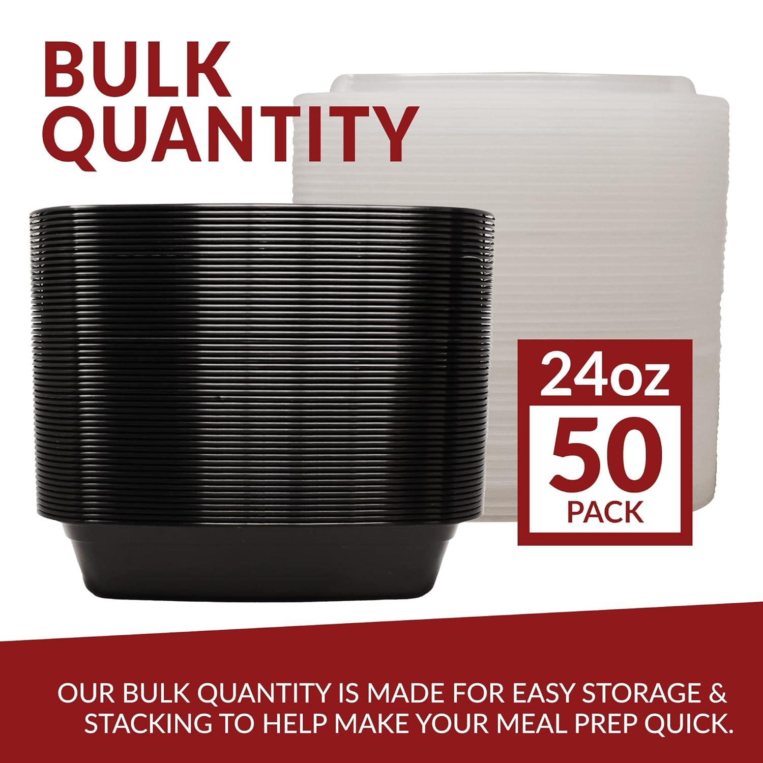 Reli. Meal Prep Containers 24 oz. | 50 Pack | 1 Compartment Food Container w/Lids | Microwavable Food Storage, To Go | Black Reusable Bento Box/Lunch Box for Meal Prep