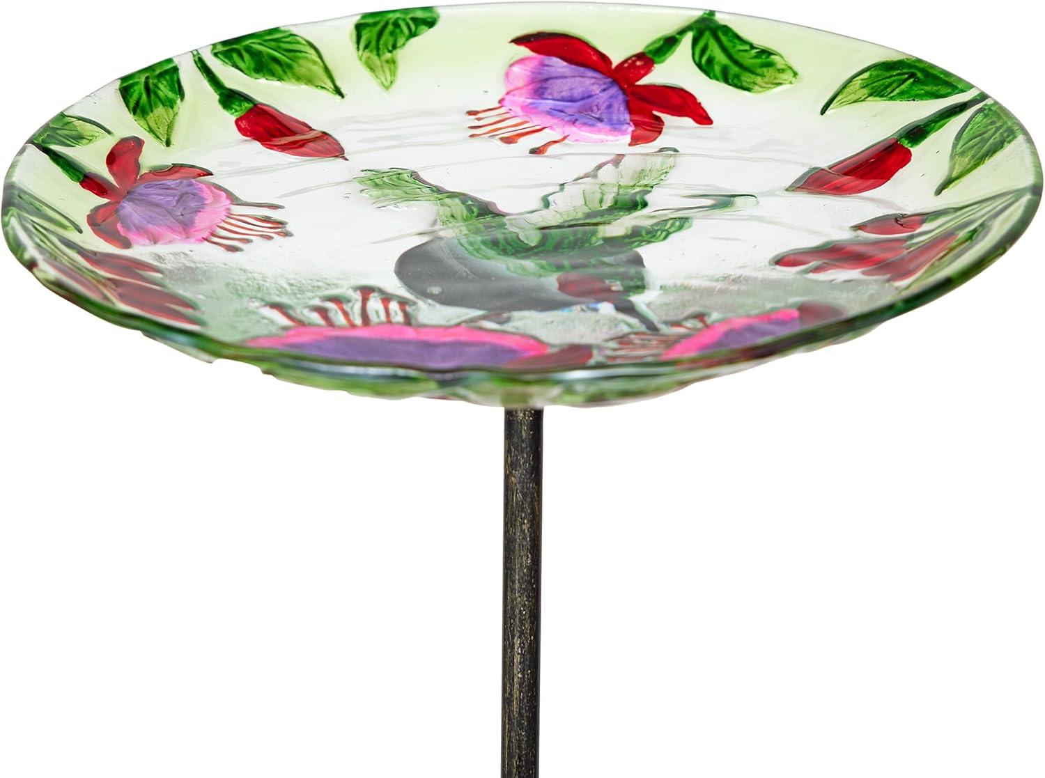 10" Glass Stake Birdbath DHF10 w/Flowers and Hummingbird