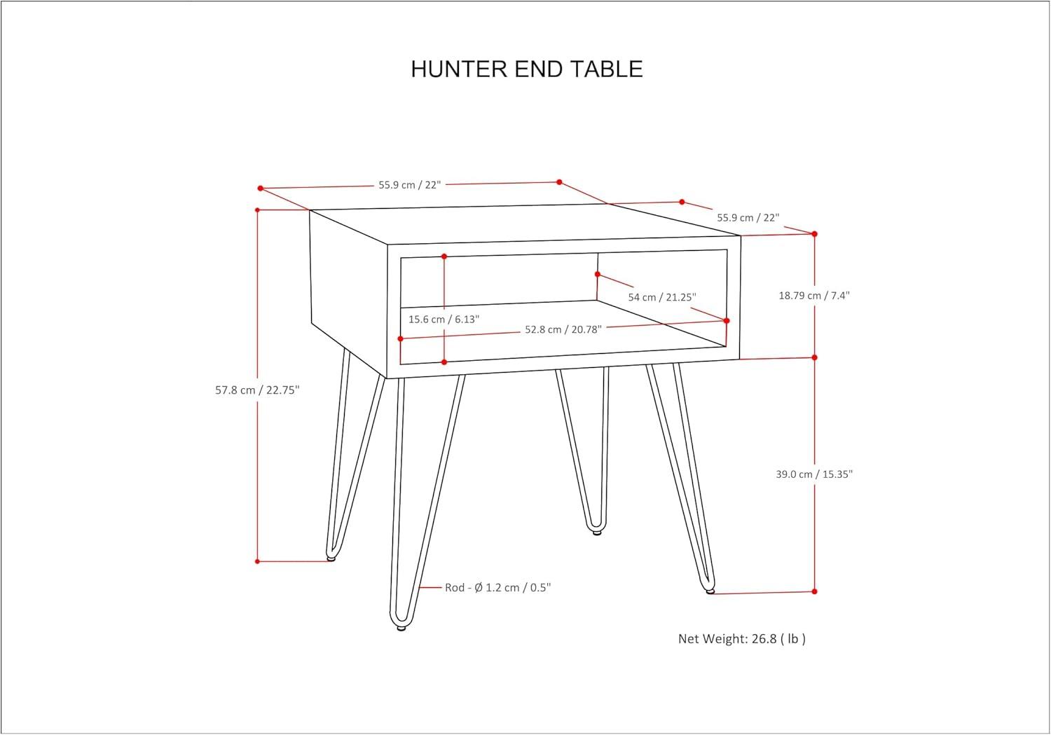 Hunter 22"W Solid Wood Industrial Square End Table with Hairpin Legs and Open Storage