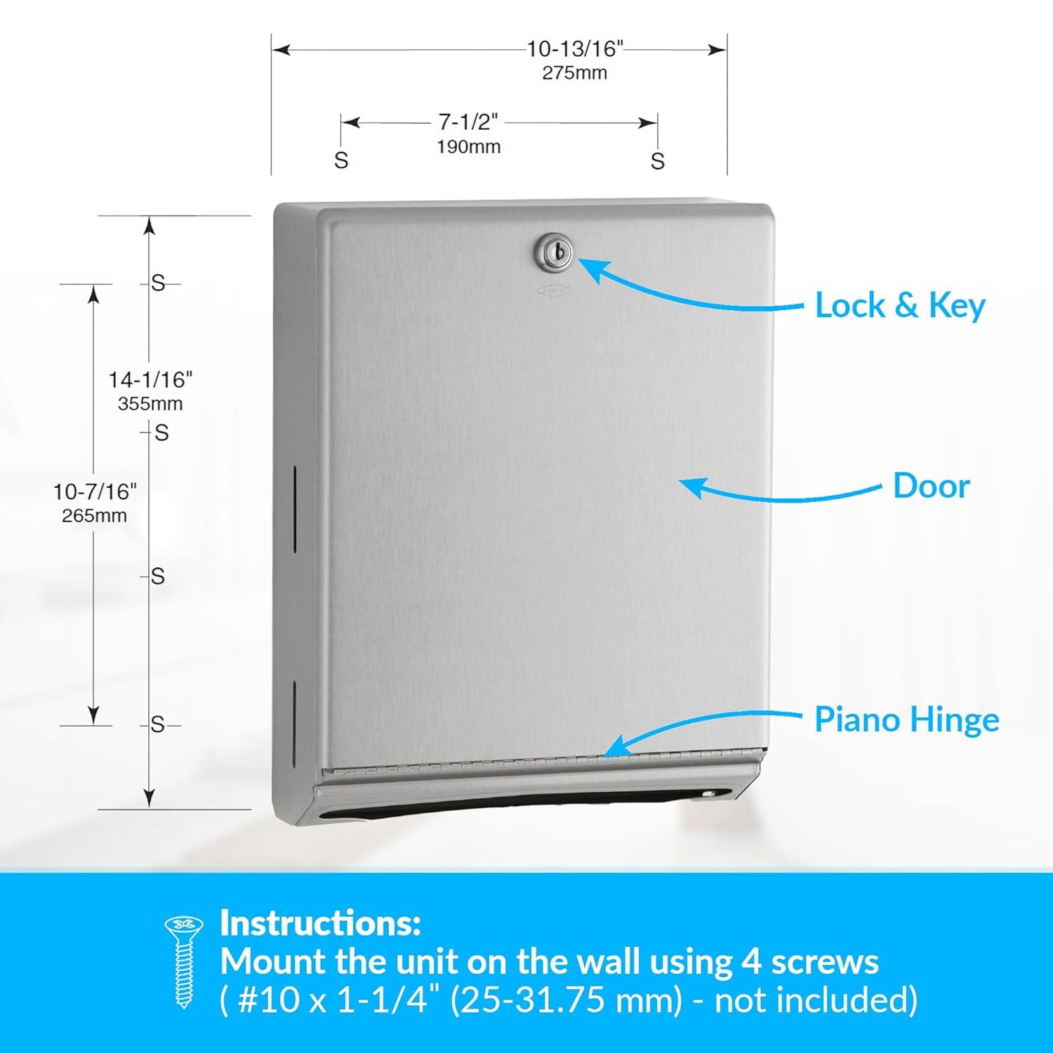 Bobrick B-262 Surface Mounted Paper Towel Dispenser - Stainless Steel Commercial Bathroom Towel Dispenser with Tumbler Lock 400 C-Fold or 525 Multifold Capacity