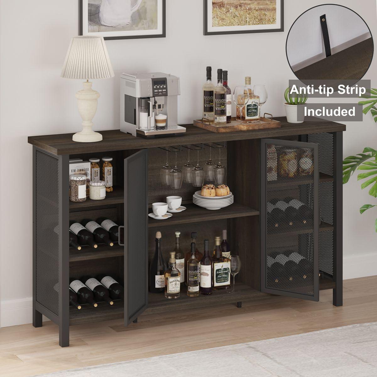 Walnut Brown 55" Industrial Wood and Metal Wine Bar Cabinet