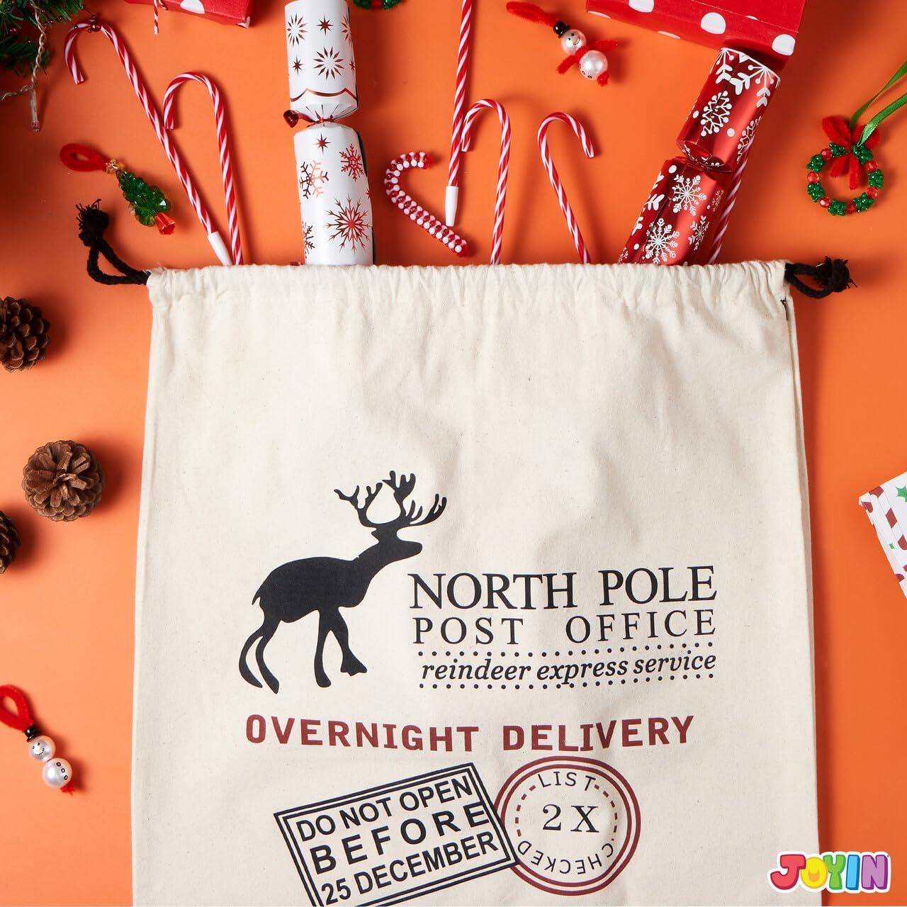 JOYIN 3 PCS Christmas Large Canvas Gift Bag 26" x 19", Drawstring Santa Burlap Sack Reusable Personalized Cloth Pouch for Xmas Presents Package, Party Supplies, Hoilday Decoration