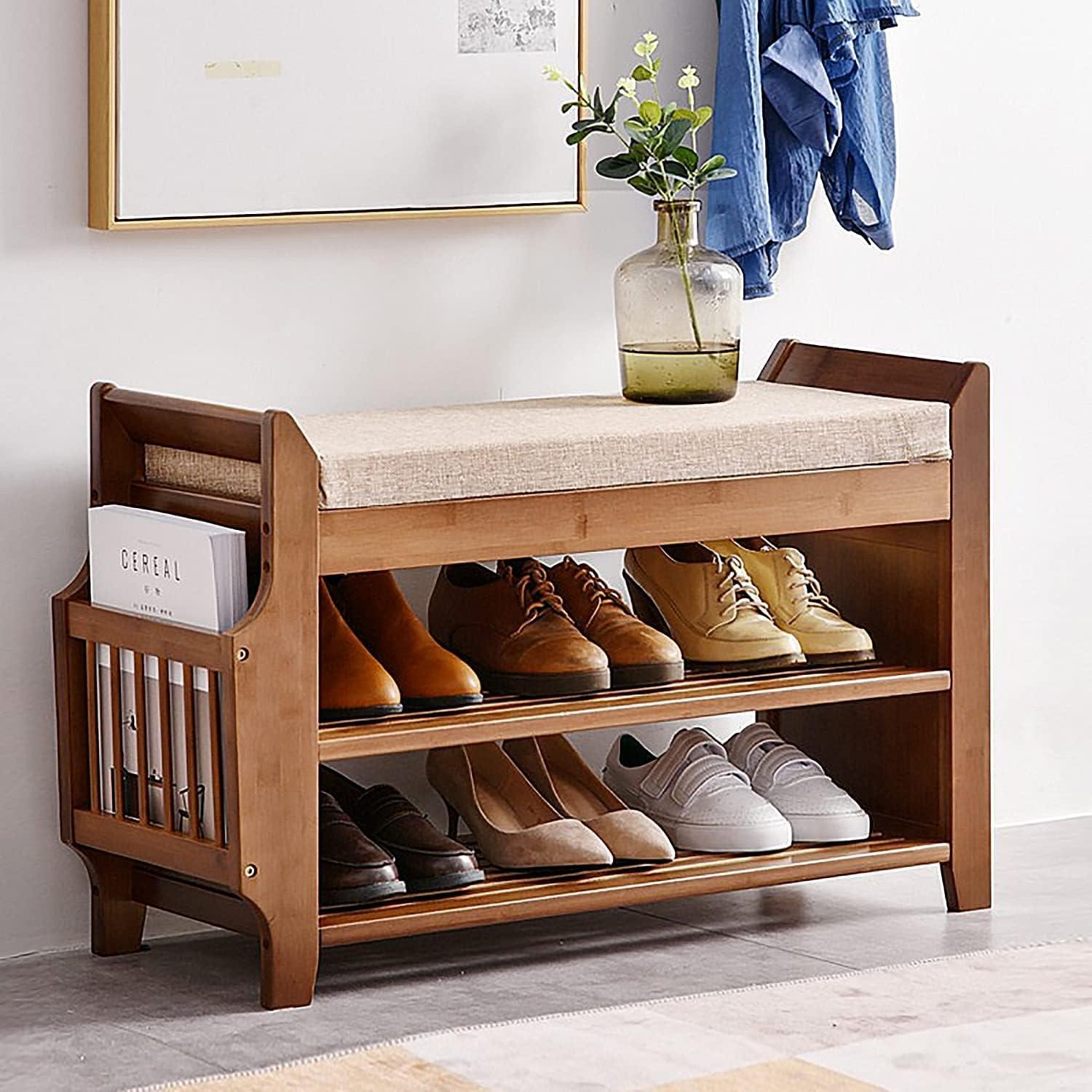 31.5" Brown Bamboo Shoe Storage Bench with Cushion and Side Holder