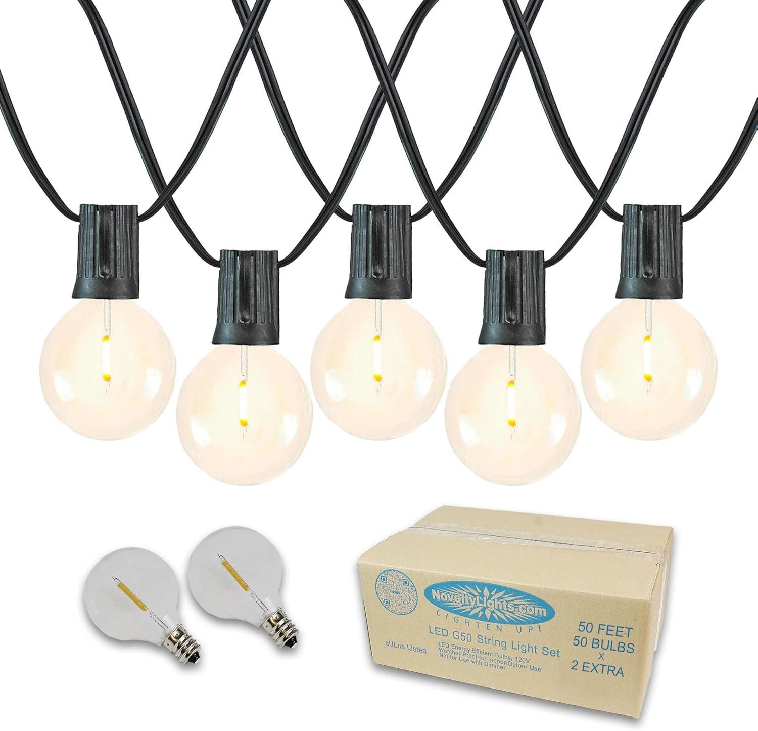 Novelty Lights 50 Feet G50 LED Patio String Light Set with 50 Bulbs, Warm White, Weather Resistant Shatterproof Replaceable Globe Bulbs, Black Wire