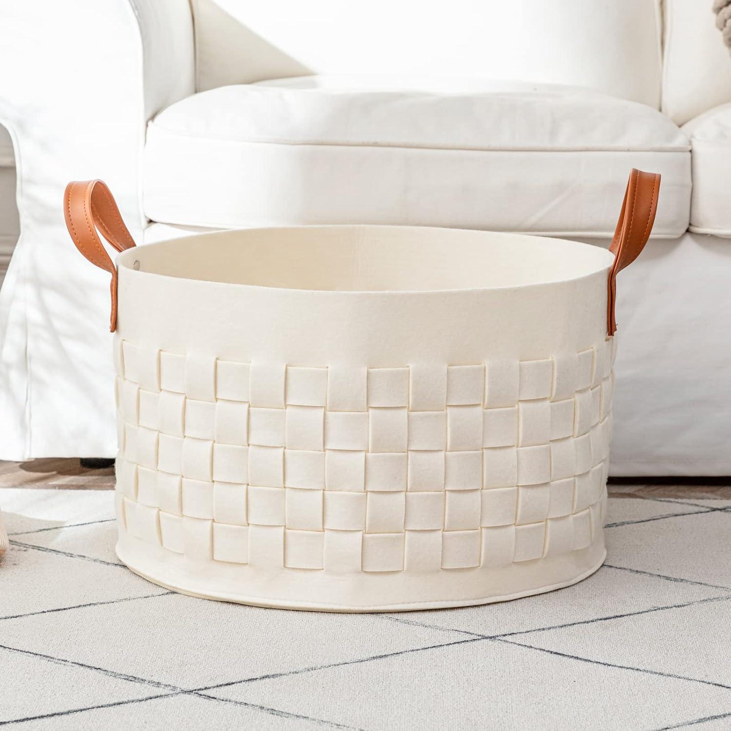 Laundry Basket 20" x20 x11.8, Large Round Blanket Basket with Leather Handle, Felt Storage Basket for Living Room, Nursery, Dog Toys-Dark Gray