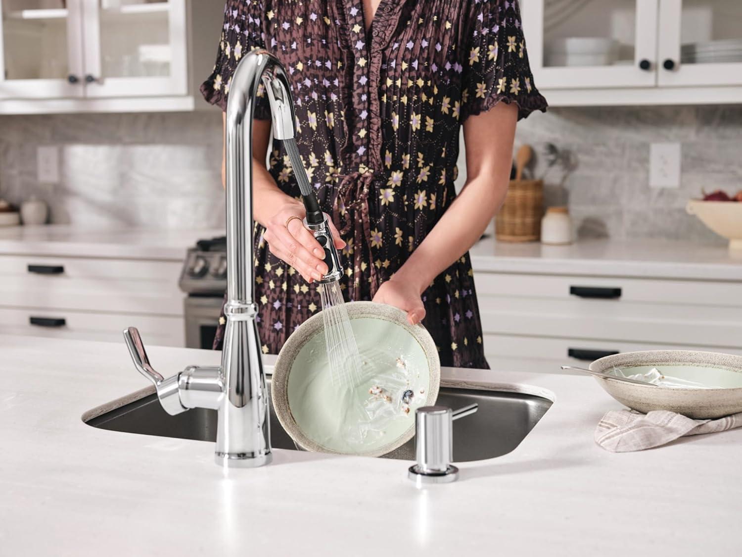 Moen Nolia Chrome One-Handle High Arc Kitchen Faucet with Pull Down Sprayer and Soap Dispenser, Kitchen Sink Faucet Featuring Power Boost Technology, 87071