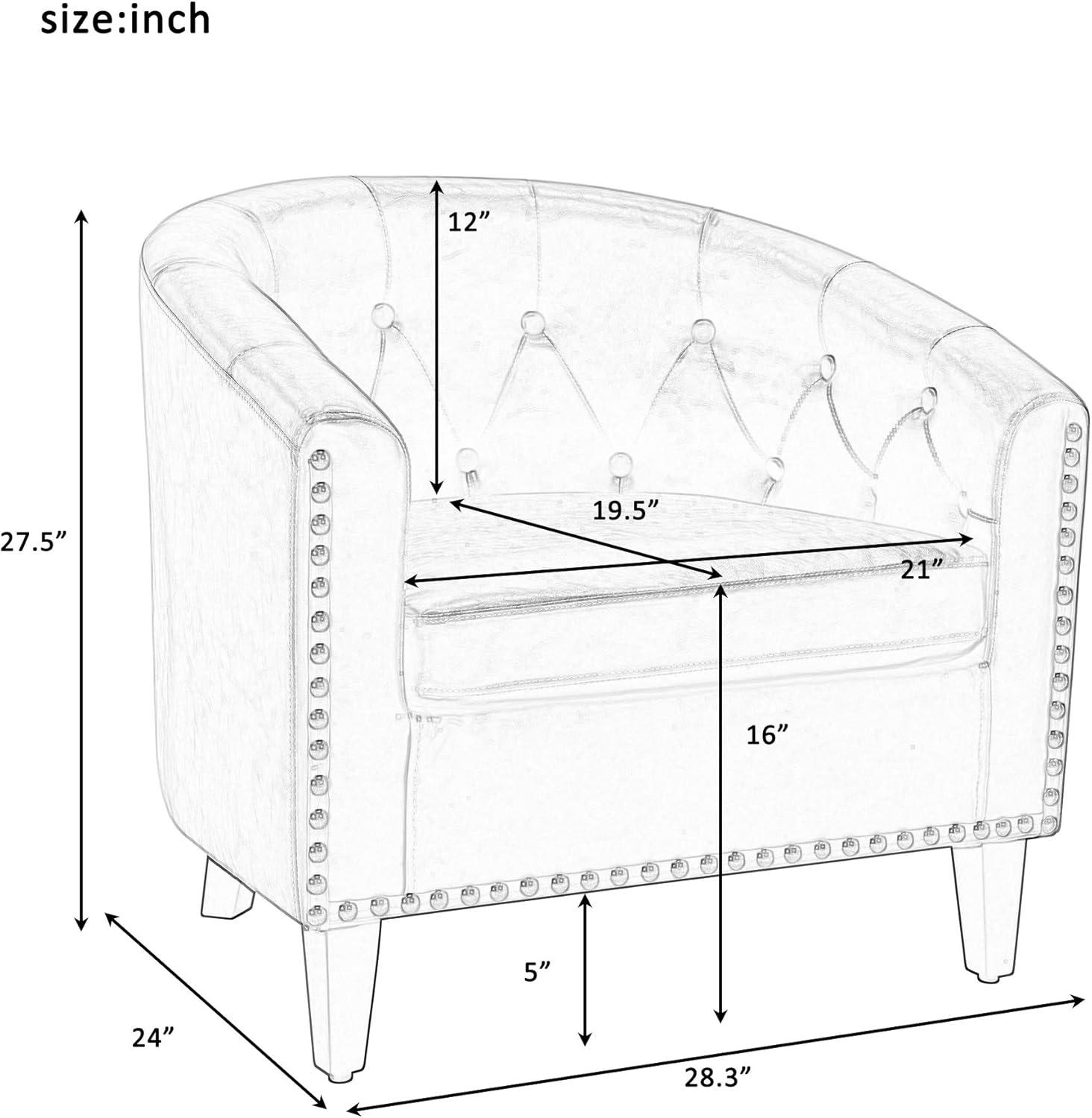 White Linen Tufted Barrel Chair with Wooden Legs