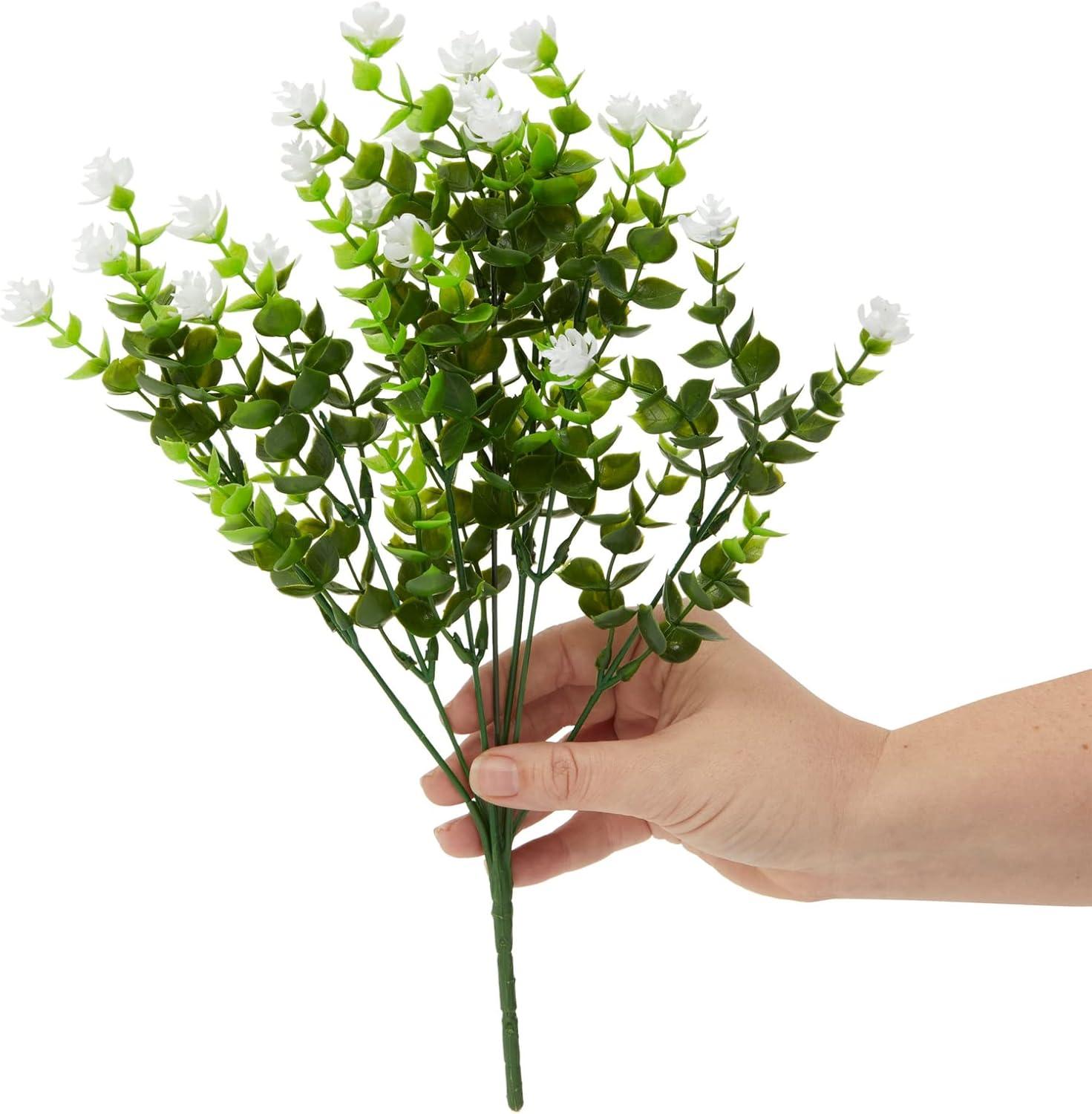 Bright Creations 6 Bundles White Artificial Flowers with 2 Cone Vases, Faux Fake Plant for Cemetery, Outdoor Decor (8.6 x 13 In)