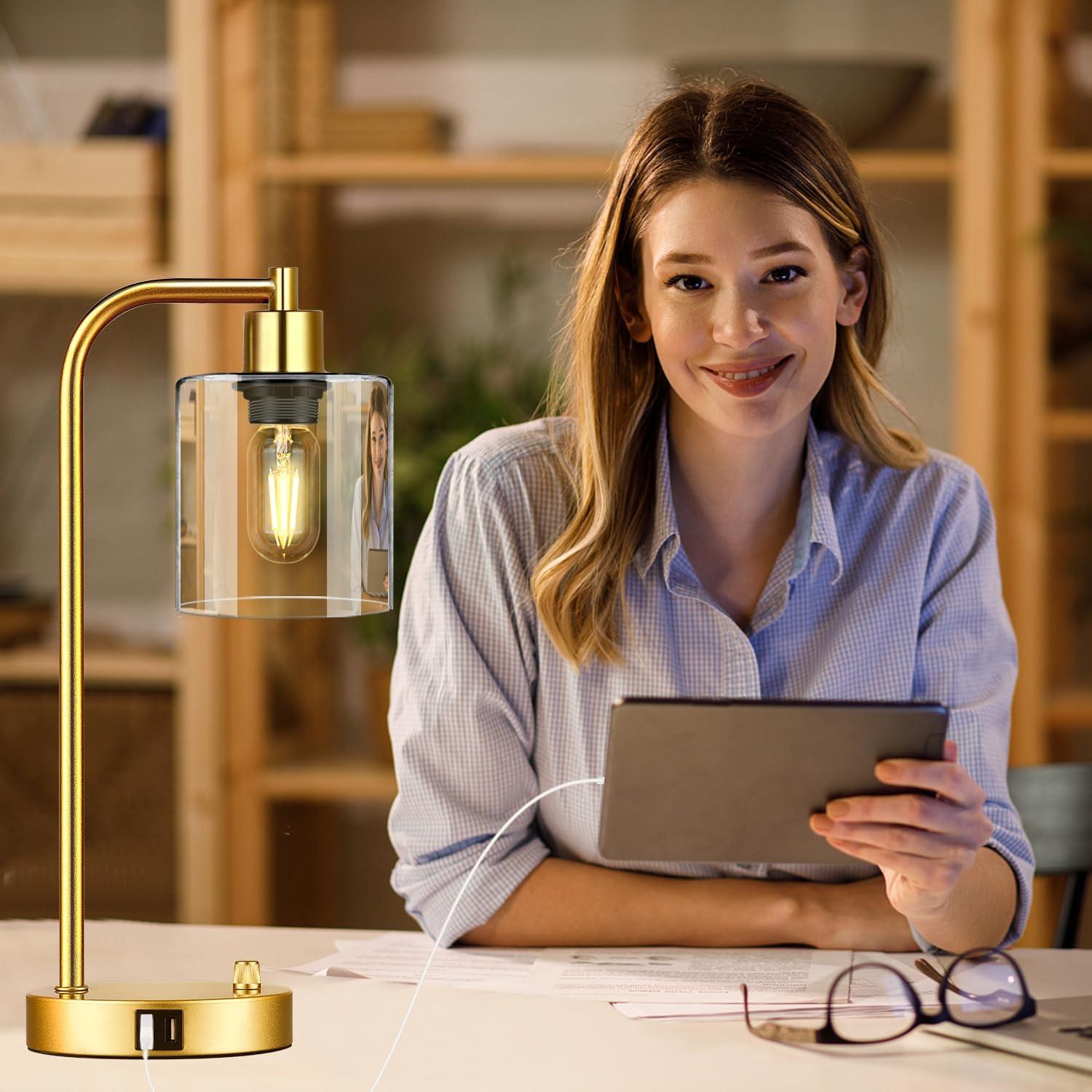 【Upgraded】Set of 2 Industrial Table Lamps with 2 USB Port, Fully Stepless Dimmable Bedside Lamps for Bedroom, Nightstand Desk Lamps with Glass Shade for Bedroom Living Room Office 2 LED Bulb Included