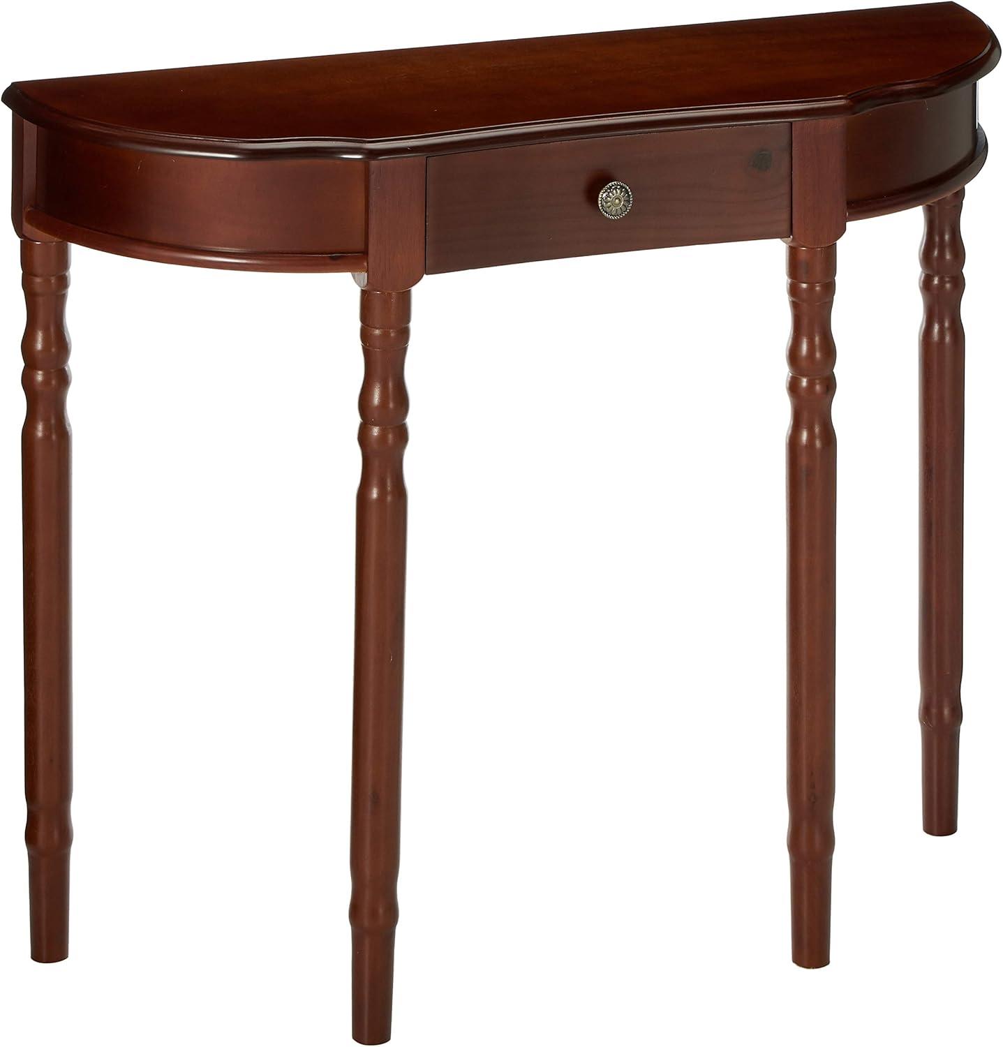 Dark Cherry Wood Half-Moon Console Table with Storage Drawer