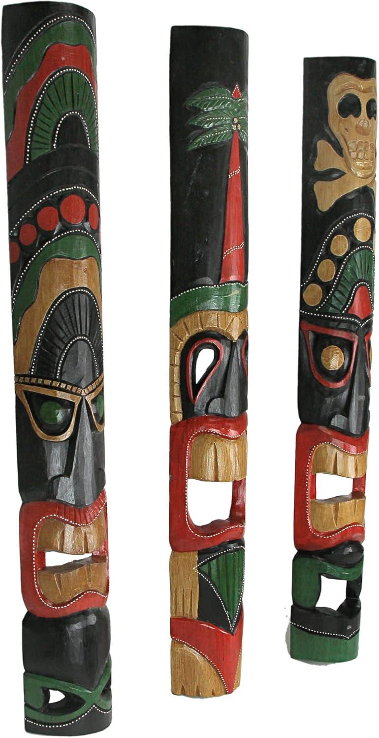 Set of 3 Hand Carved Polynesian Style Tiki Wall Hanging Masks - Unique 39.5-Inch Carvings for Home, Patio, or Tiki Bar Decor - Handcrafted with Lively Island Colors