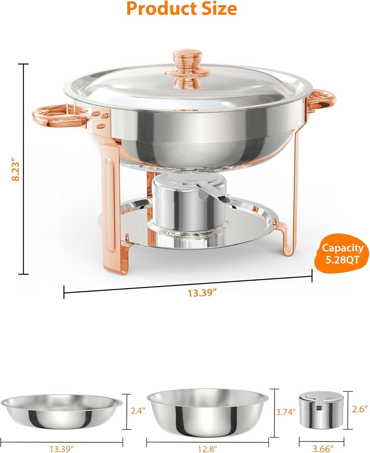 5QT round chafing dish buffet set (2-pack) in Rose Gold, NSF-certified stainless steel with lid, spoon, and tweezer, ideal for catering and events.