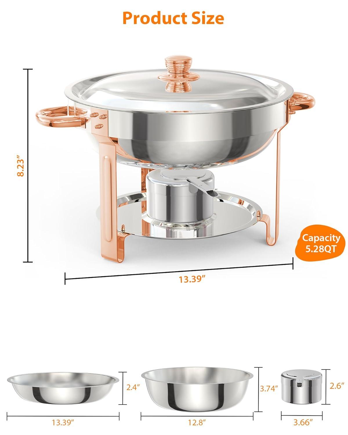 5QT round chafing dish buffet set (2-pack) in Rose Gold, NSF-certified stainless steel with lid, spoon, and tweezer, ideal for catering and events.