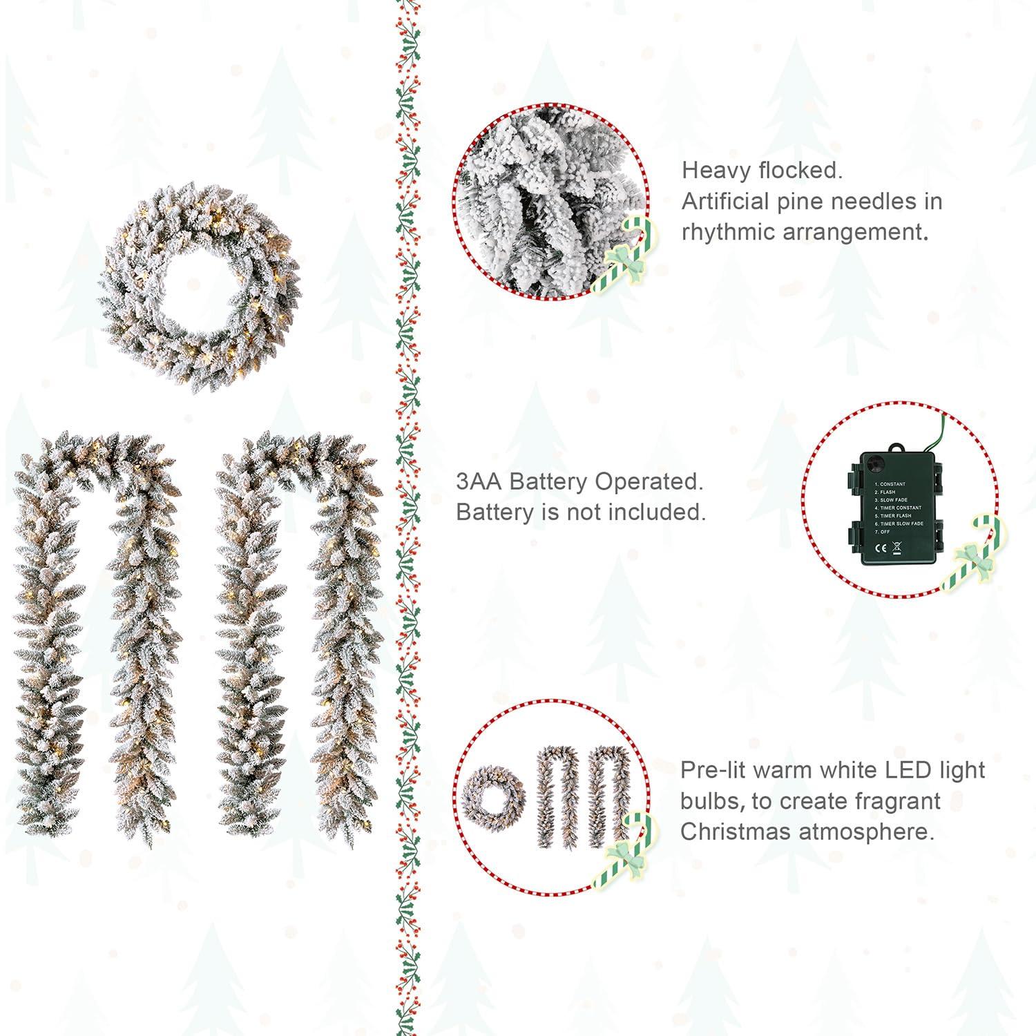 Glitzhome Pre-Lit 24" Artificial Christmas Snow Flocked Wreath with 2Pcs Xmas Snow Garlands Ornament Lighted Pine Needle Holiday Hang Decorations for Home Door Wedding Party Decor