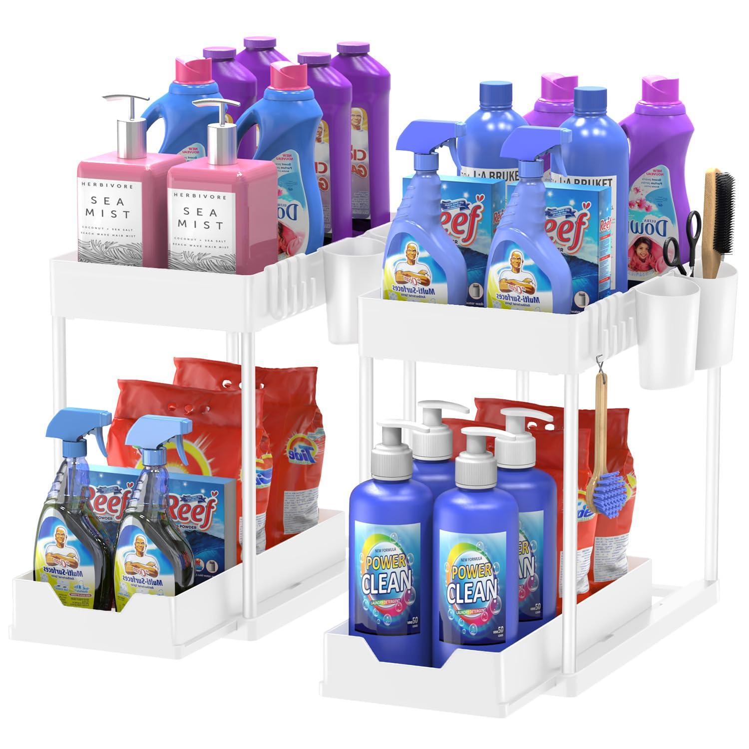 DILEASIR 2 Pack Kitchen Under Sink Organizer, with Hooks, Hanging Cup, for Bathroom, Laundry room, White