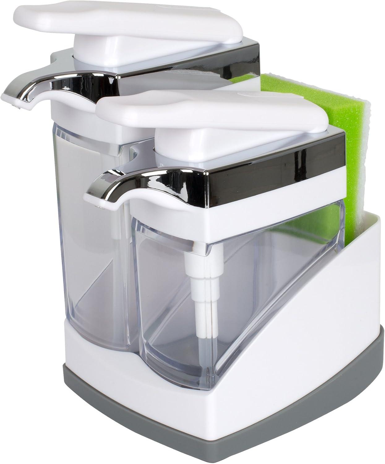 Casabella Sink Sider Duo Soap Dispensers with Sponge, for Dish & Hand Soap, Chrome Plating, White