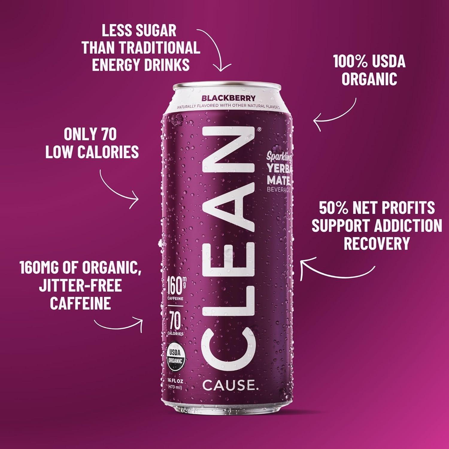 (12 Cans) CLEAN Cause Sparkling Yerba Mate Variety Pack - Organic, Low Calorie & Low Sugar (160mg Caffeine), 16 fl oz - 50% Profits Support Alcohol & Drug Addiction Recovery