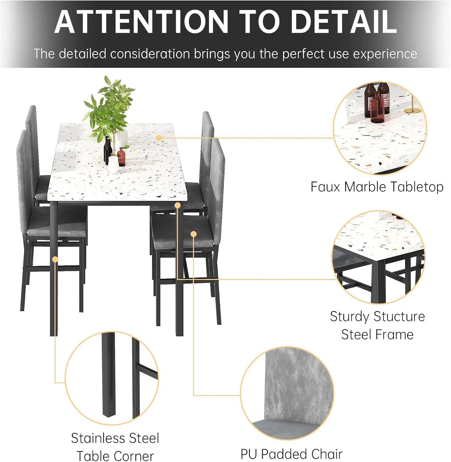 Recaceik 5-Piece Marble Dining Table Set with 4 Velvet Metal Frame Chairs for 4, 31.2"H Table