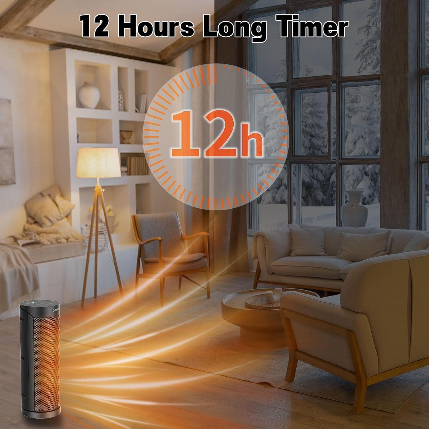 Portable Space Heater for Indoor Use with Remote - QOWETU 70° Oscillating Electric Heater, 17 Inchs, 12H Timer, 1500W Quiet PTC Ceramic Heating with Thermostat, Fast Safety Heat for Home, Bedroom