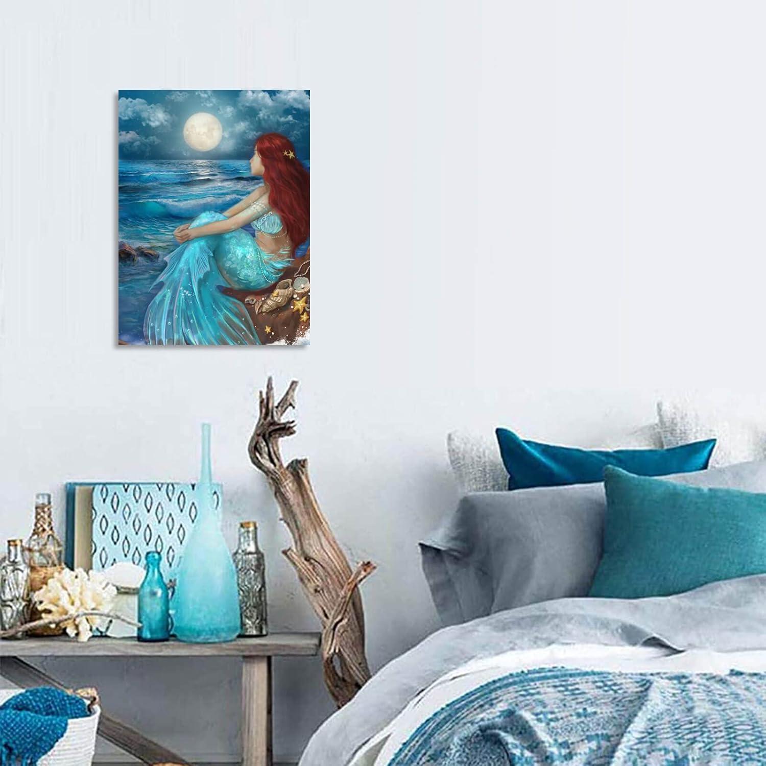 Mermaid Under Moonlight Blue Ocean Canvas Print