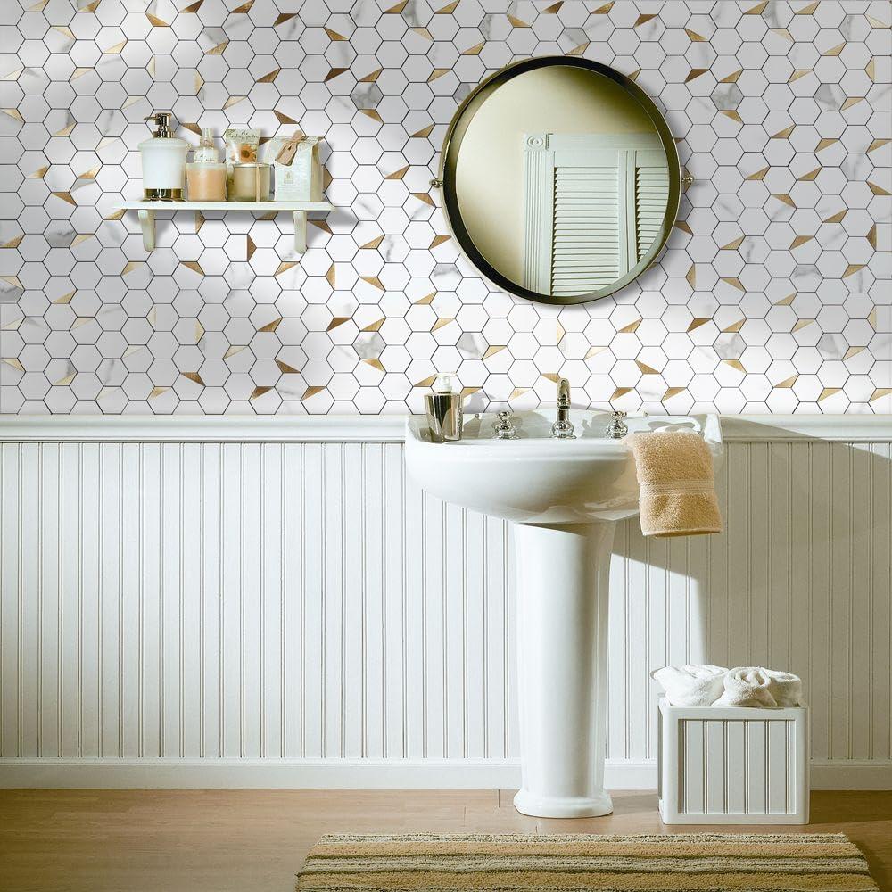 DICOFUN 10-Sheet Hexagon Tile Peel and Stick Backsplash, White Marble Look PVC Mixed Golden Metal Mosaic Tiles for Kitchen and Bathroom