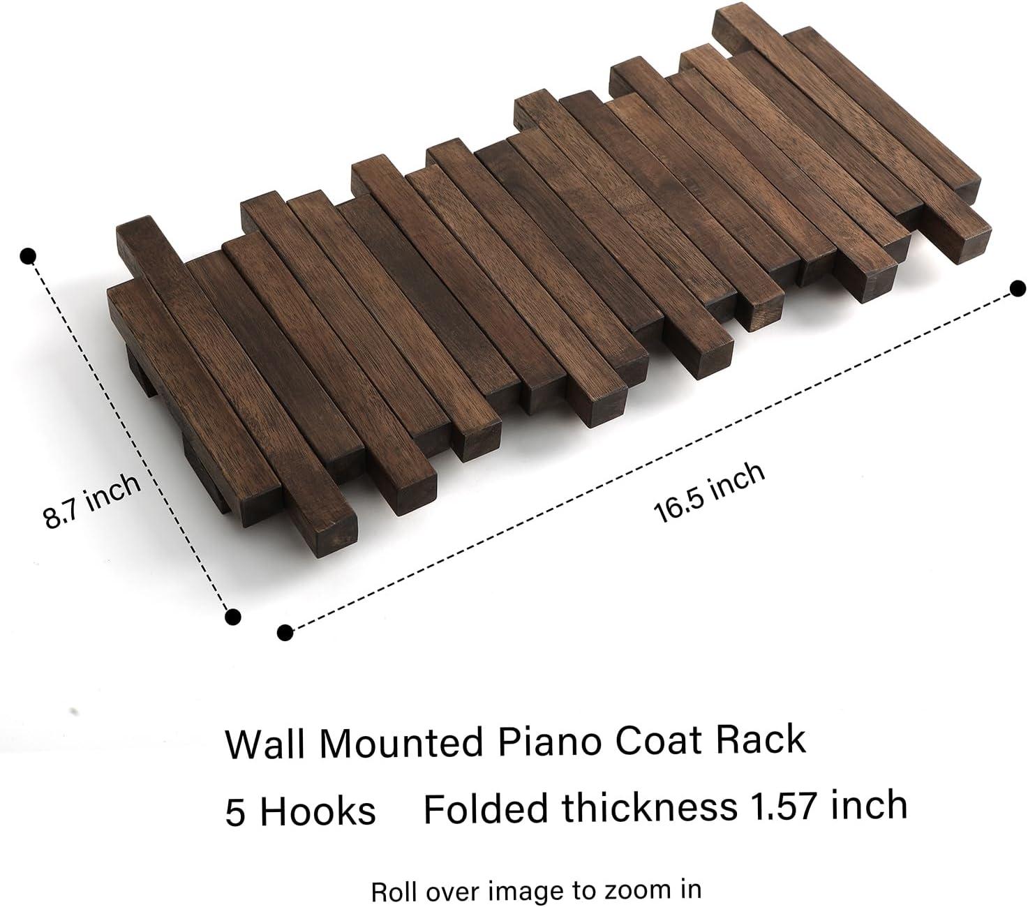 Natural Acacia Wood Wall Mounted Flip Down Coat Rack with 5 Hooks