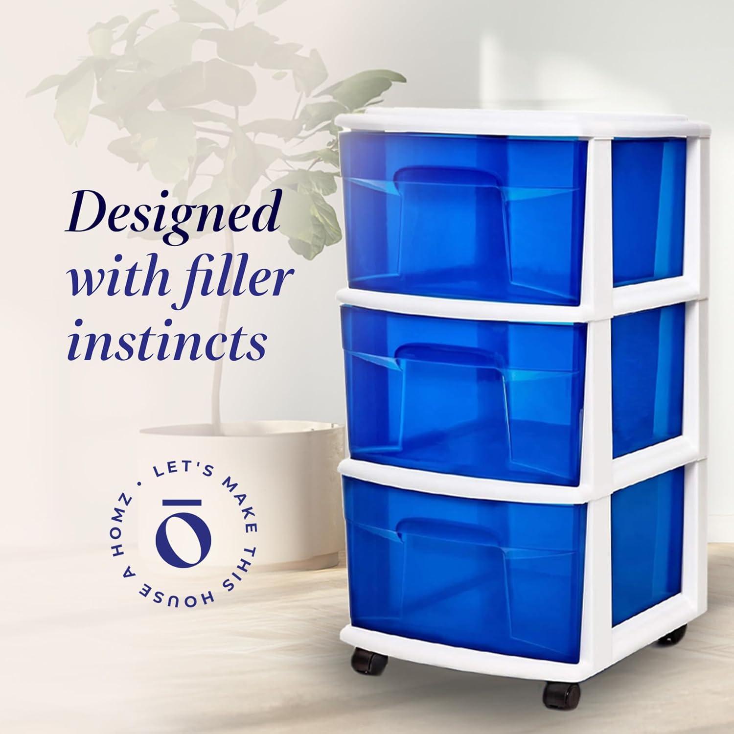 CLkPde Plastic 3 Drawer Medium Home Organization Storage Container Tower with 3 Large Blue Drawers and Removeable Caster Wheels, White Frame