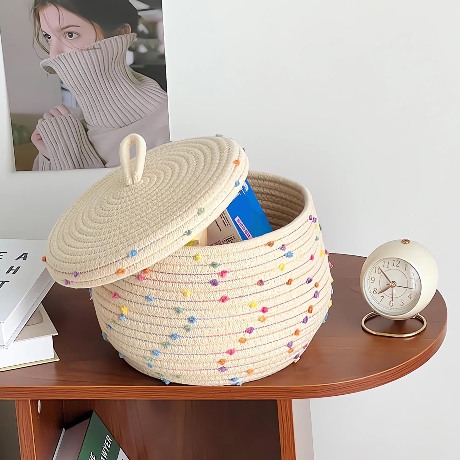 Small Beige Cotton Rope Basket with Lid and Rainbow Pompoms