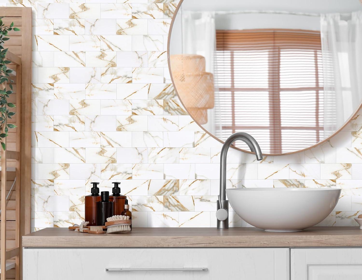 10-Pack Peel and Stick Tile Backsplash 12"X12" PVC Wall Tiles, Stick on Backsplash for Kitchen, Bathroom Tile, Fireplace Décor, Laundry Table, Stair Decals in Cala Golden