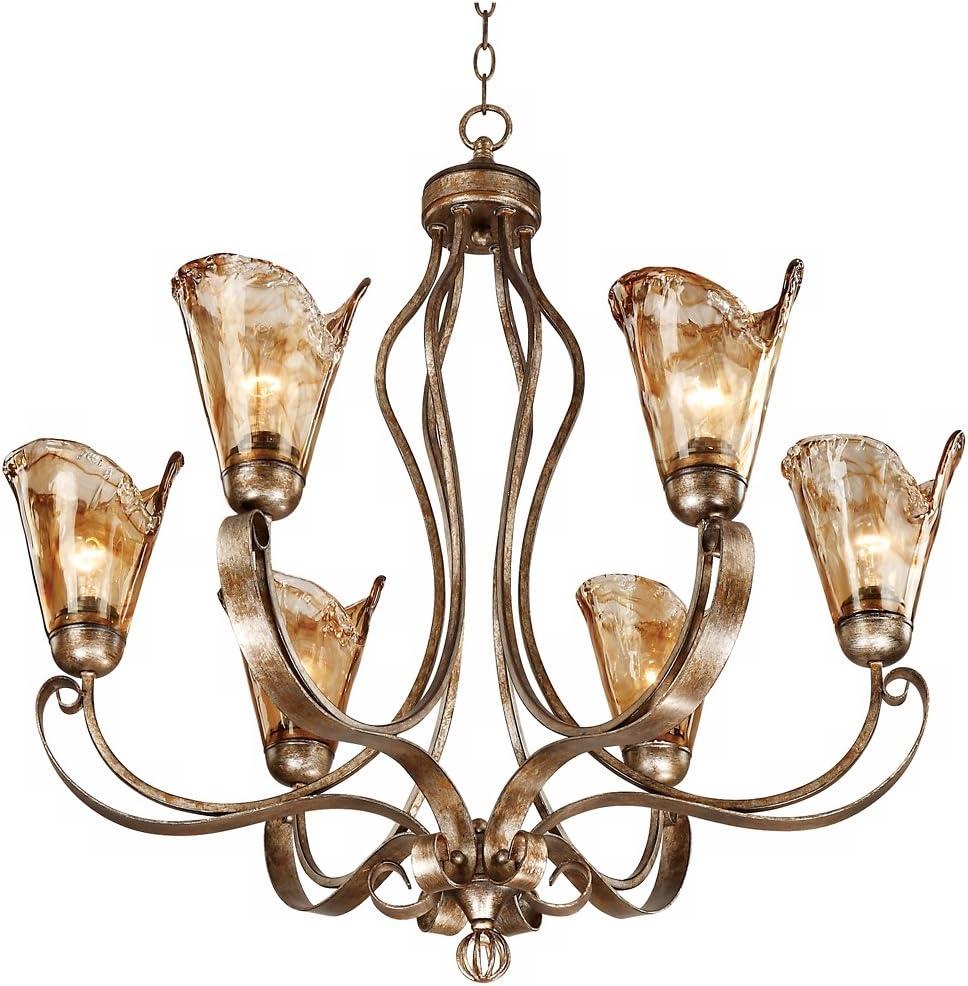 Franklin Iron Works Amber Scroll Golden Bronze Large Chandelier 31 1/2" Wide Rustic Art Glass 6-Light Fixture for Dining Room House Kitchen Island