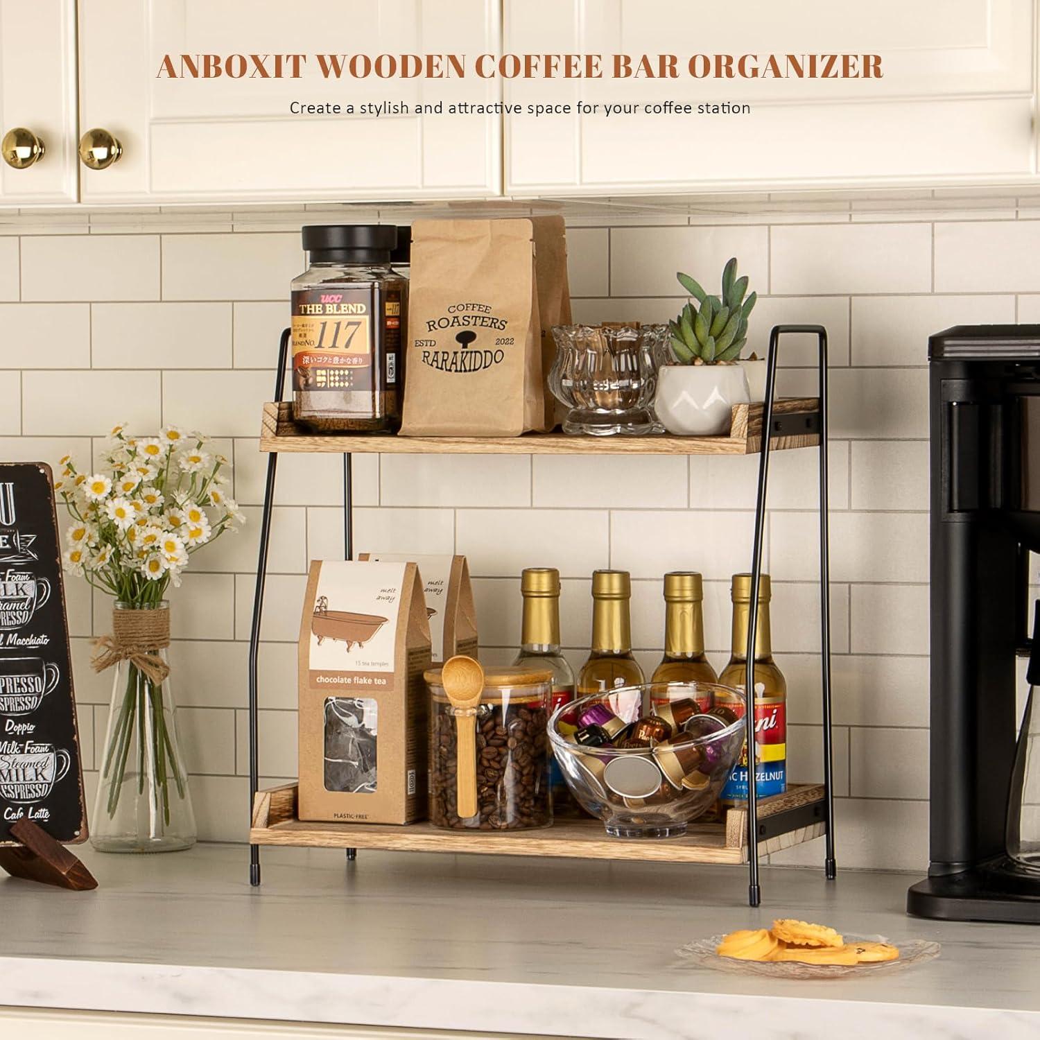 Brown 2-Tier Wooden and Iron Coffee Station Organizer