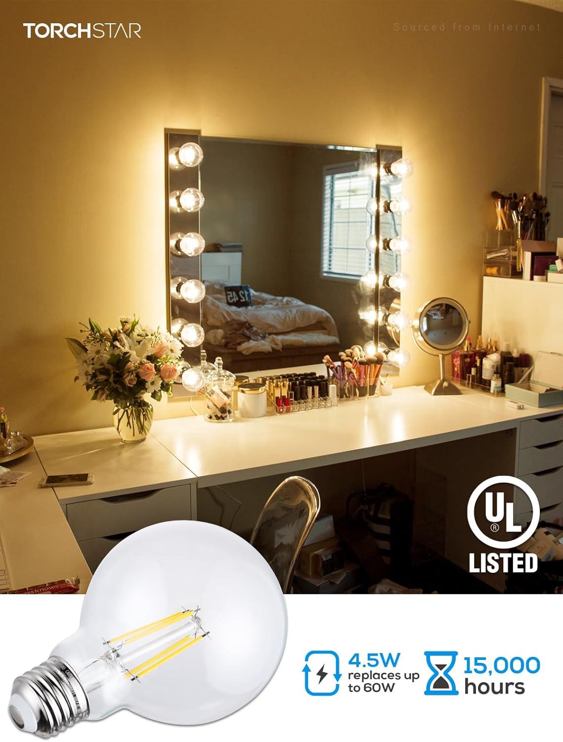 TORCHSTAR 12 Pack Dimmable LED G25 Globe Light Bulb, Round Clear Vanity Bulb for Bathroom, LED Edison Bulb, 4.5W(60W Eqv.), UL Listed, 500lm, E26 Base, 2700K Soft White