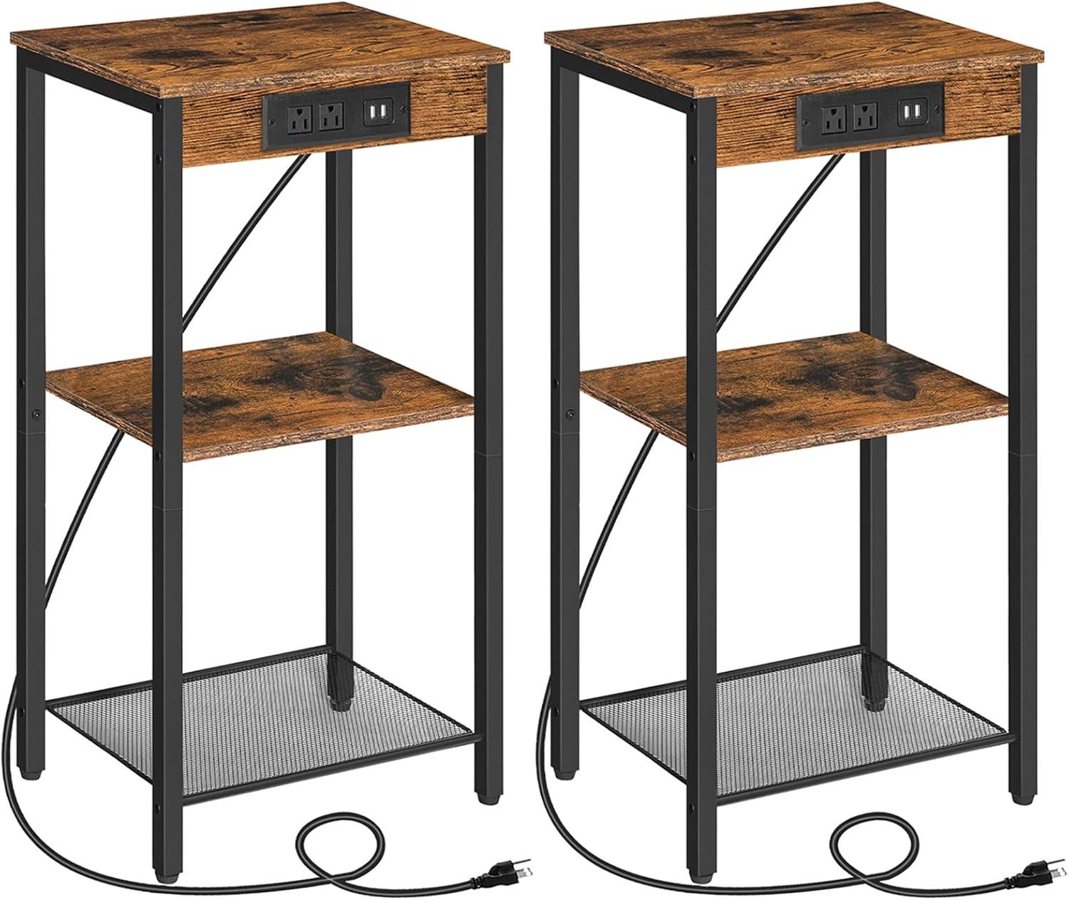 Rustic Brown End Tables with Charging Station and Storage Shelf