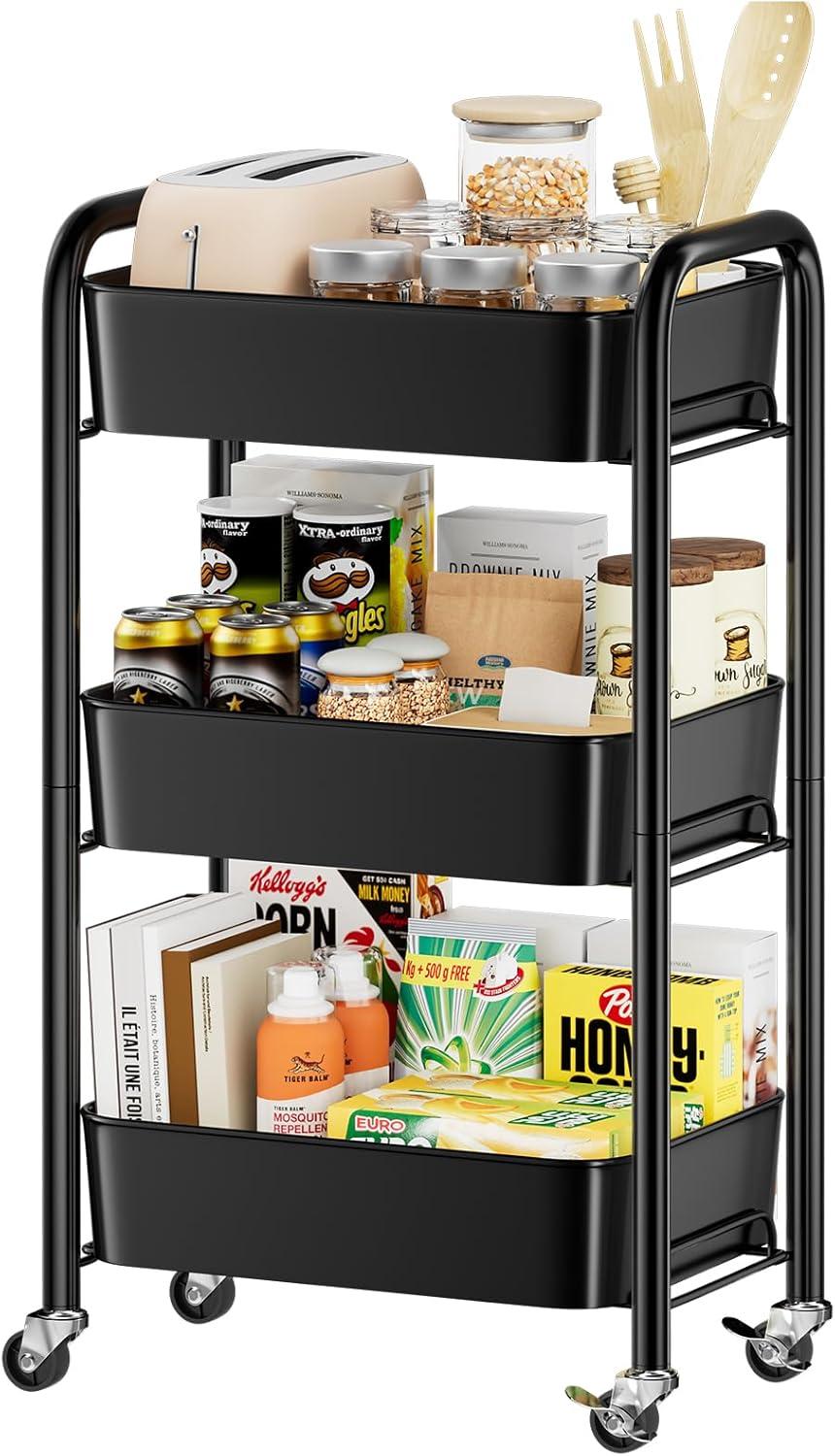 Zeki Shoggy 3-Tier Rolling Metal Storage Organizer - Mobile Utility Cart, Kitchen Cart With Caster Wheels (Black)
