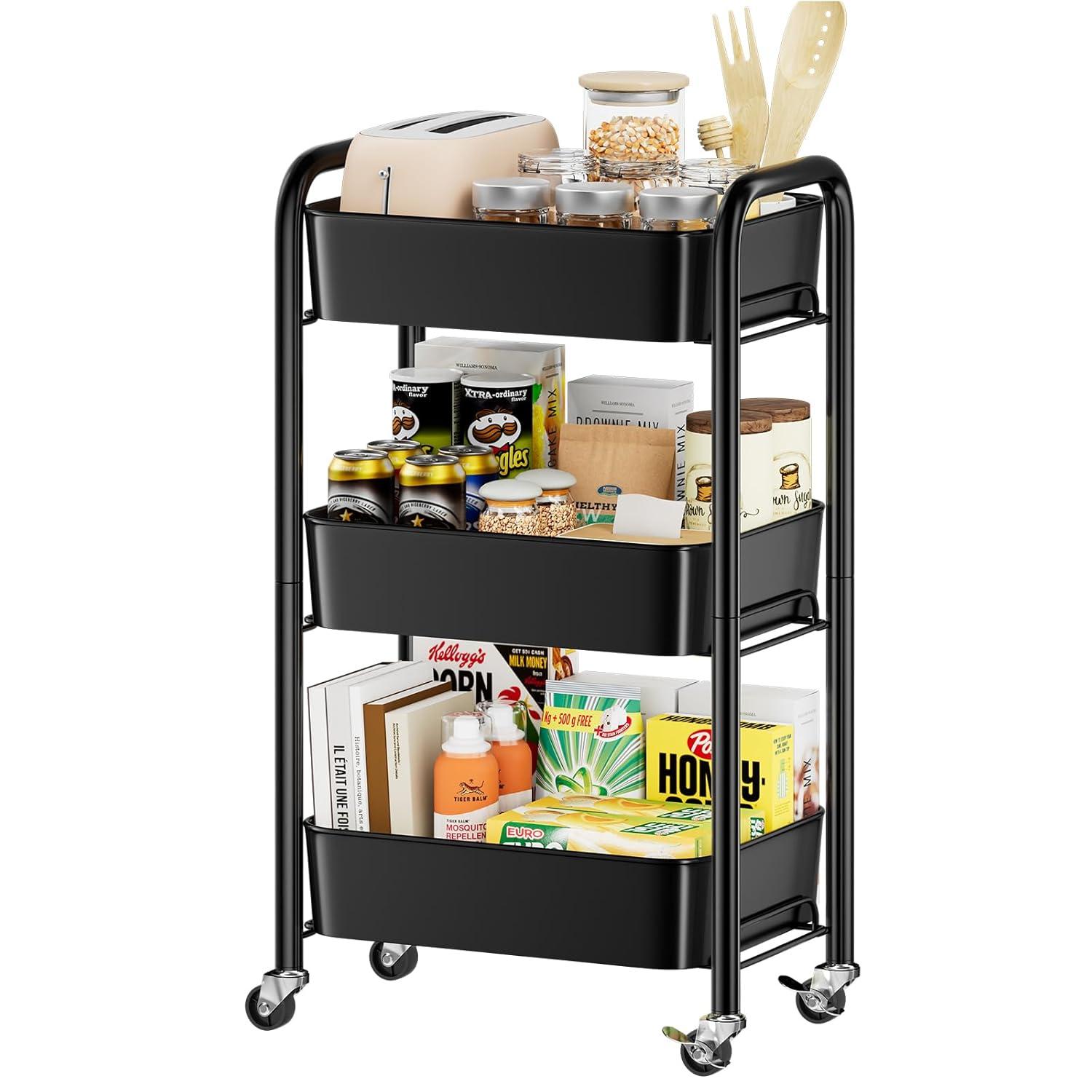 Zeki Shoggy 3-Tier Rolling Metal Storage Organizer - Mobile Utility Cart, Kitchen Cart With Caster Wheels (Black)