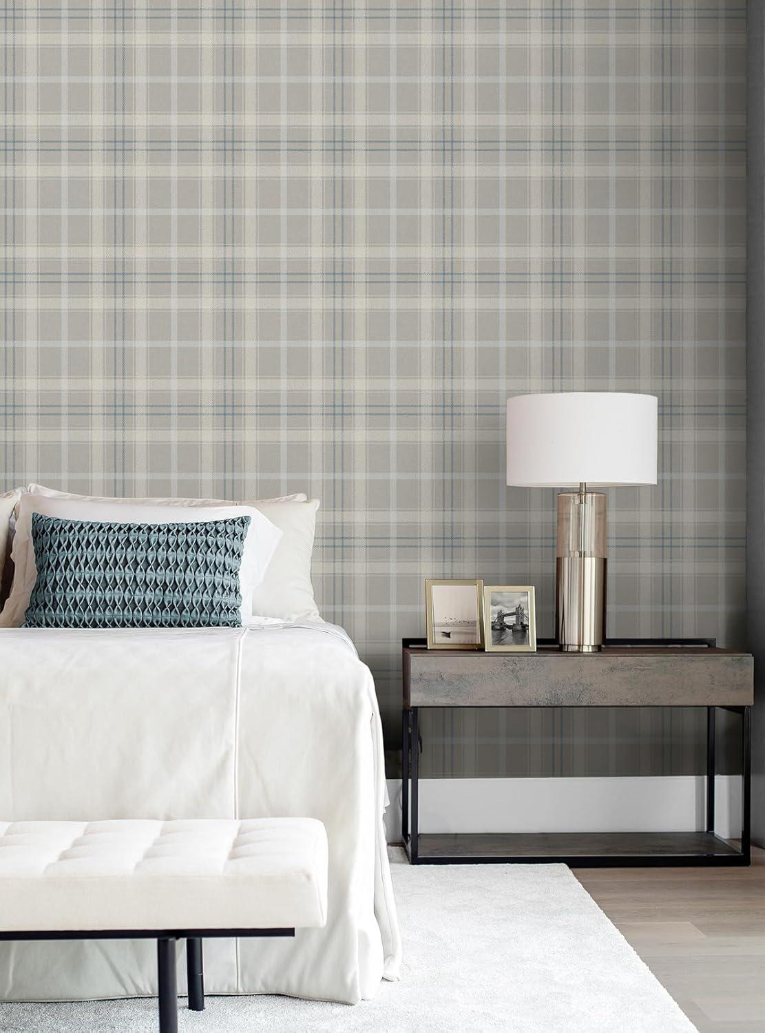 NextWall Argos Grey & Blue Tailor Plaid Peel and Stick Wallpaper - 20.9 in. W x 18 ft. L Roll