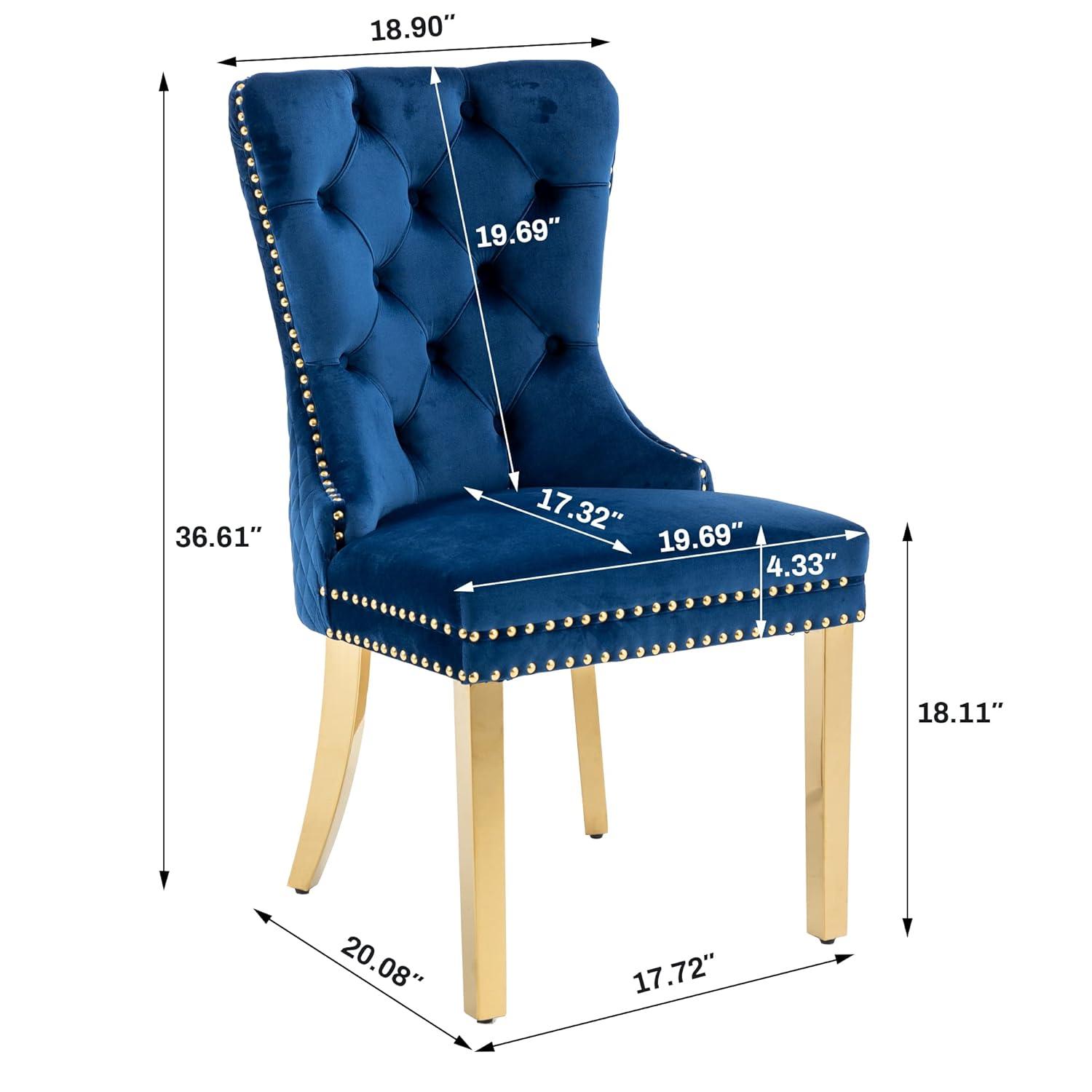 Velvet Upholstered Dining Chairs, Set of 2, Dining Room Tufted Chair, Modern Button Tufted Armless Chairs with Nailhead Trim and Back Ring Pull, Gold Legs, for Dining Room, Kitchen, Navy