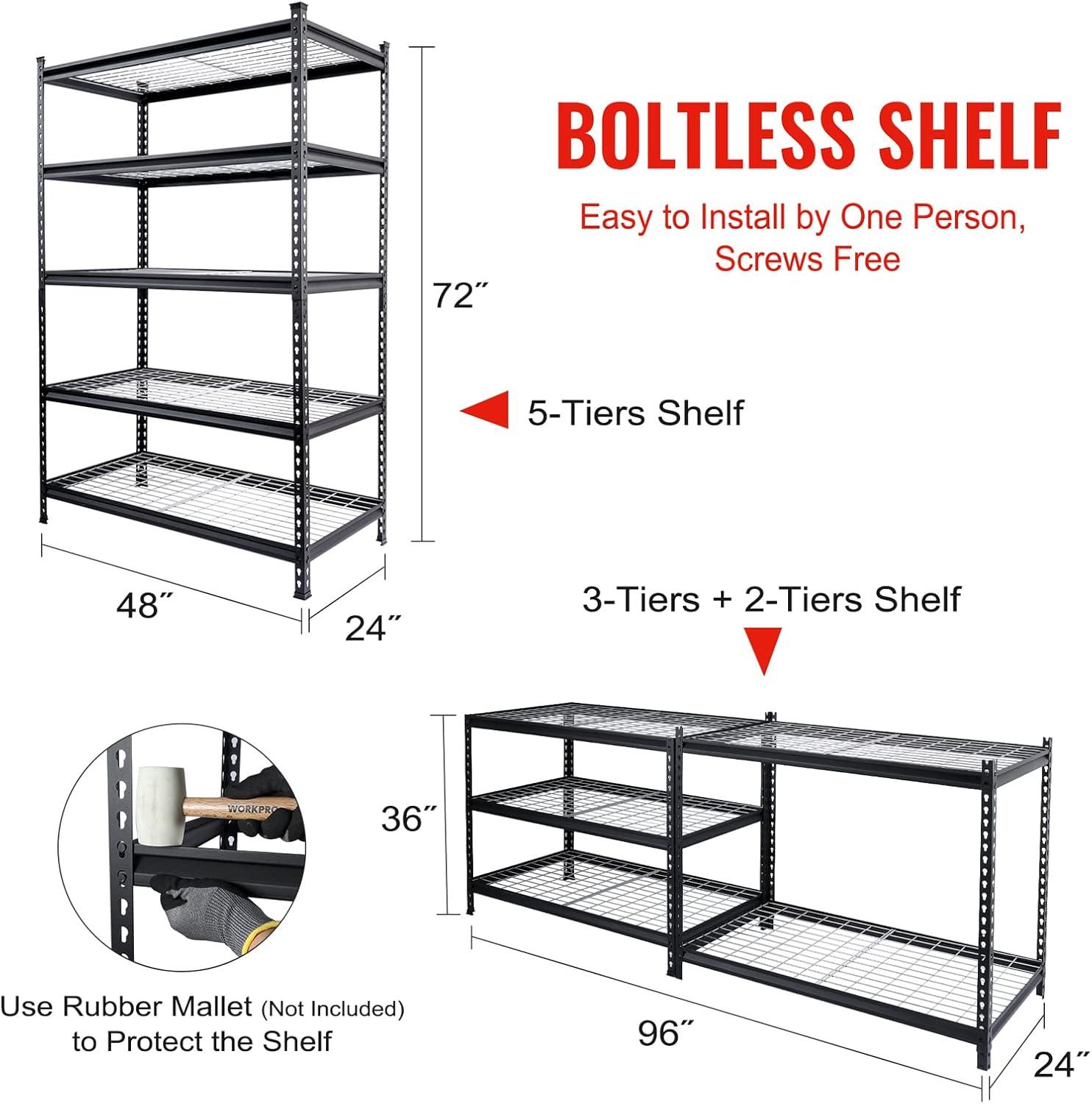 WORKPRO 5-Tier Metal Shelving Unit, 48”W x 24”D x 72”H, Heavy Duty Adjustable Storage Rack, 4000 lbs Load Capacity (Total), for Garage, Basement, Warehouse