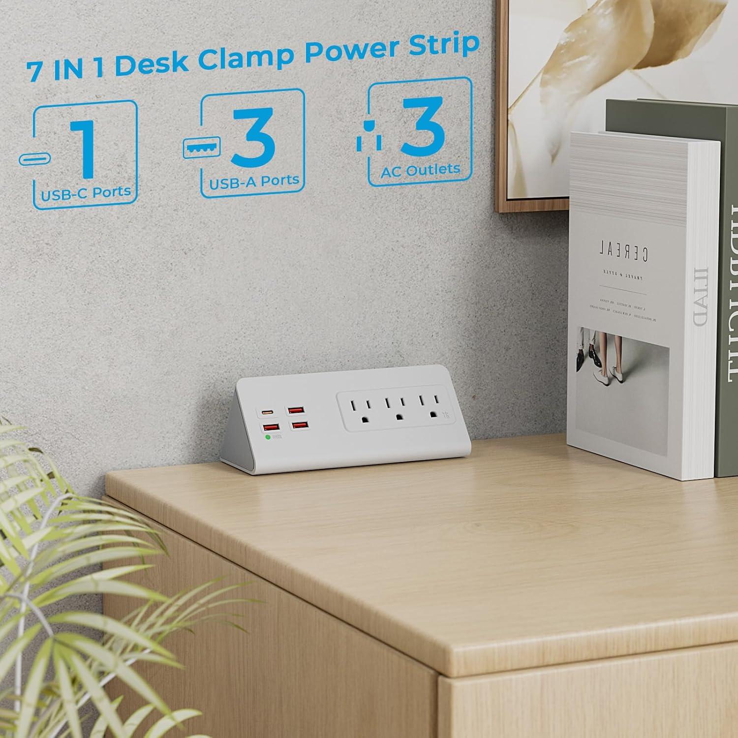 White Heavy Duty Power Strip with USB-C and USB-A Ports